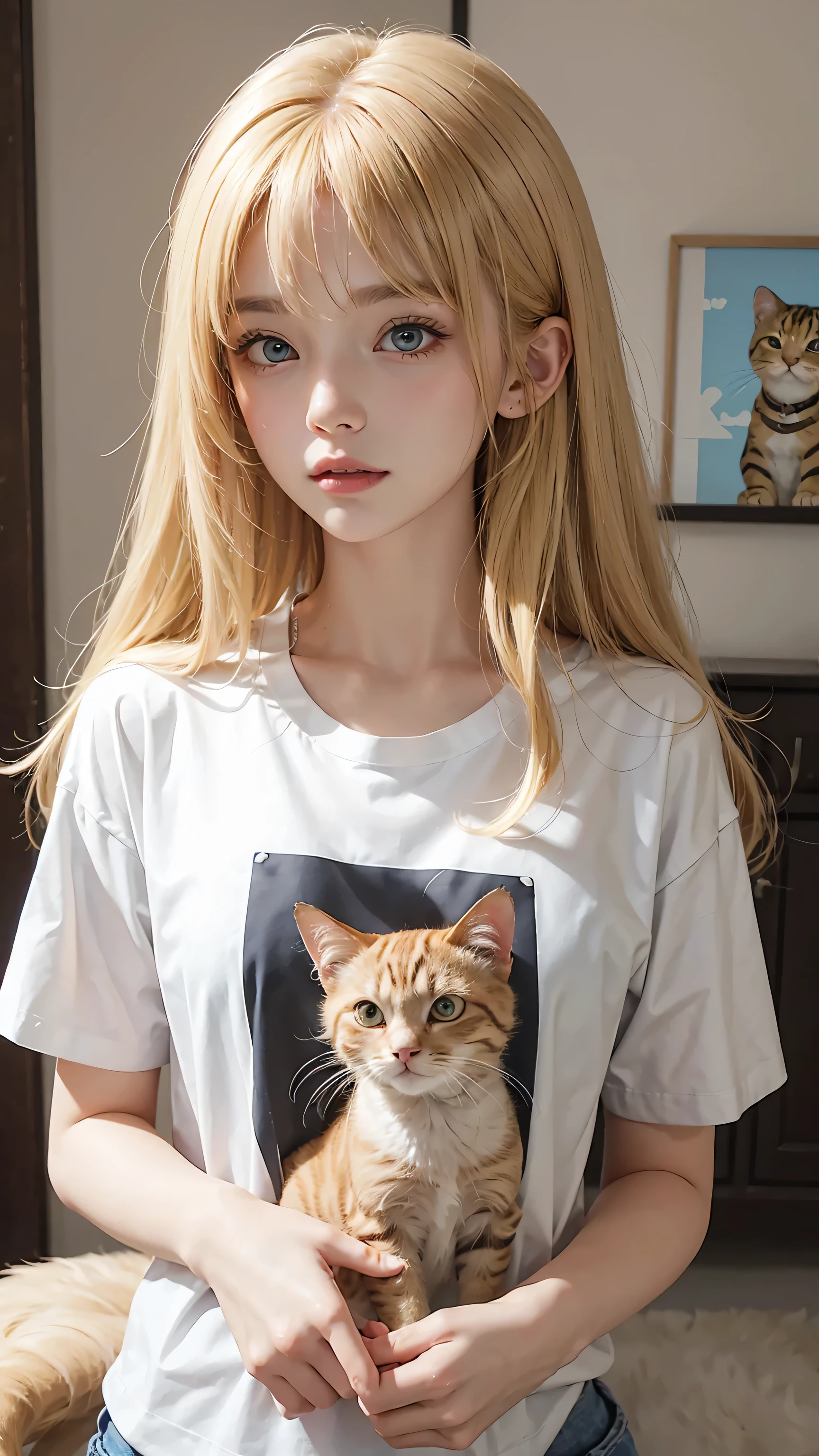 Masterpiece, best quality, super fine, 16k, medium hair, blonde color hair, T-shirt with cat illustration,