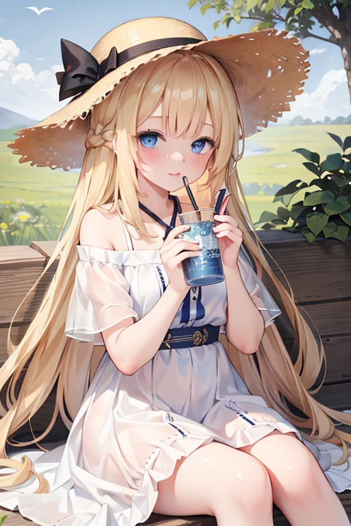 masterpiece, highest quality, High resolution, 1 、blue eyes、
blonde、Braid、White Dress、Straw hat、Egypt、In front of the pyramid