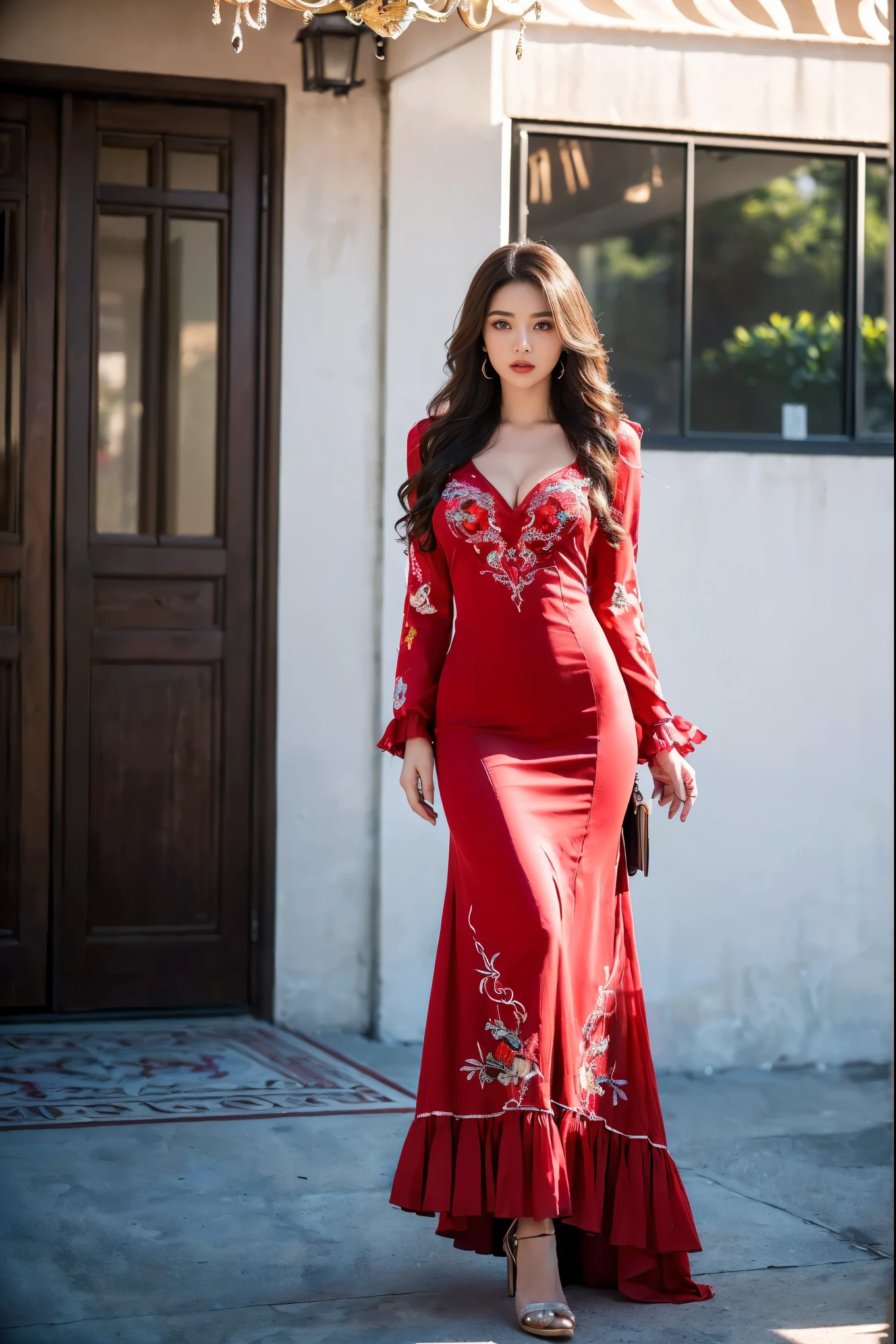 ((girl talking with own smartphone, outdoor activities, outdoor, luxurious outdoor city, luxurious place,),
(((Full body shot))), (wide standing position), (looking at viewers, front view shots, wide angle view), (masterpiece, hyper_realistic, hyper_detailed, photorealists, photo_realism), 20 years old lady, 16k, FHD, UHD, high quality pictures, extremely detailed, candid brightness, candid shots, (iconic picture shot, perfect brightness, perfect contrast, perfect colour), (pretty face, iconic face), (detailed face, detailed eye, detailed lips, detailed neck, ultra realistic face, ultra realistic eye, ultra realistic lips), (attractive hair style, hair style), (sagging perky breasts, perfect rounded breasts, attractive breasts, perfect breasts shape), (attractive body figure, perfect body figure, perfect figure, curvy_figure, hourglass_figure), (embroidery High heels, fancy high heels, iconic heels),
(((Masterpiece luxurious maxi), (embroidery fancy maxi), (ruffled red maxi), (ruffled maxi), ruffled flared maxi, bottom ruffled maxi, long skinny sleeves, fancy ruffled neck)). , ,
