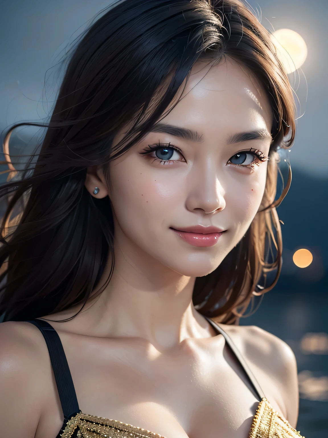 Body portrait, 8K, thin and beautiful eyes, Dindal effect, masterpiece, top quality, high quality, high resolution, very detailed photo, (natural skin texture, fine skin, hyper realism, super sharpness), high detail skin, (very fine, fine skin texture, intricate details, beautiful face, (realistic face), realistic eyes, beautifully detailed eyes, realistic skin, beautiful skin, surreal, very detailed Golden ratio, smiling eyes, ((night moonlight background) )), body portrait, G cup, big breasts, huge breasts, big breasts, glamorous, sexy knit dress,