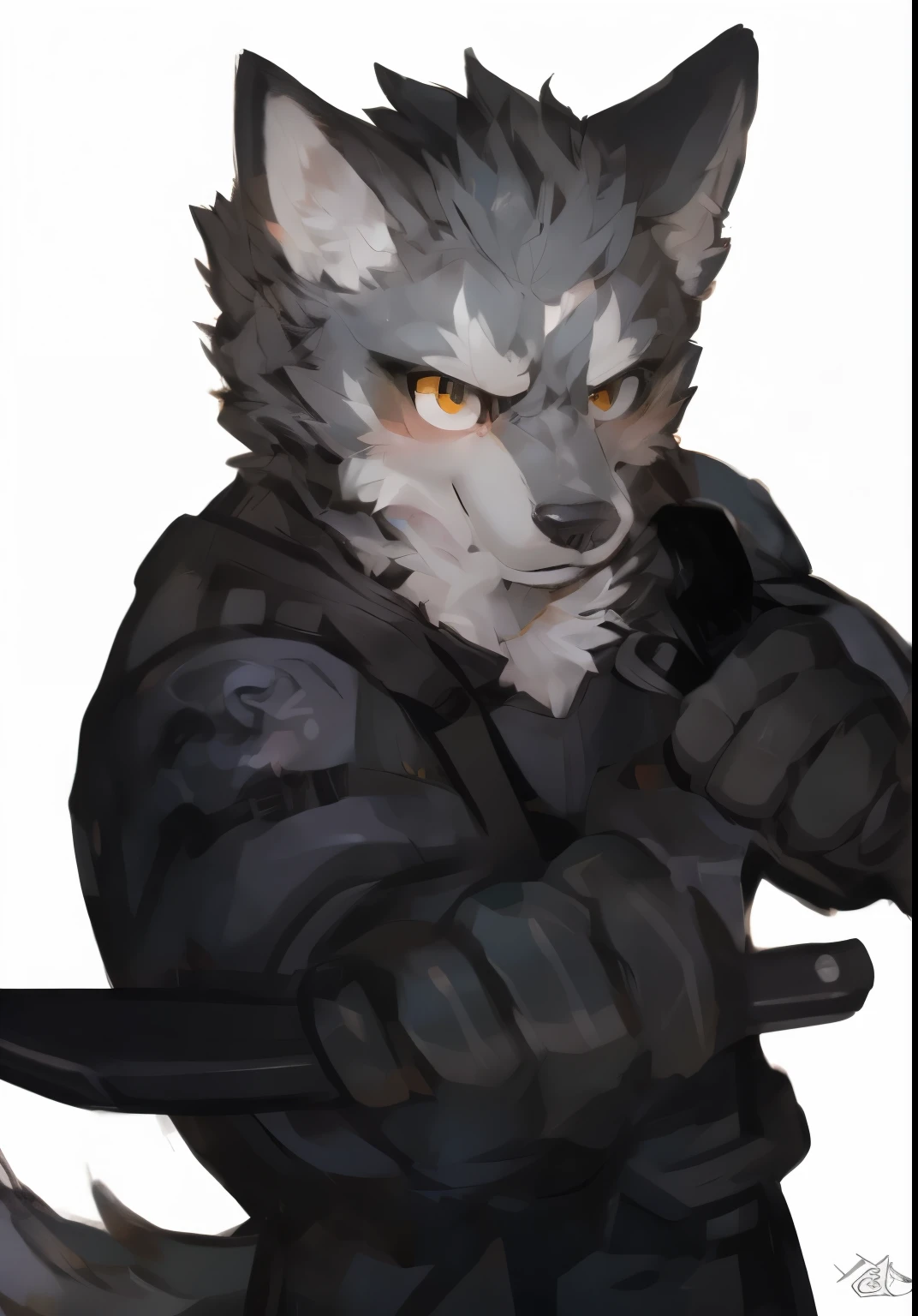 a close up of a person holding a knife and a cat, wolf o'donnell, an anthro wolf, an anthropomorphic cyberpunk fox, furry character portrait, an anthropomorphic wolf, dark grey wolf o'donnell, anthro wolf face, commission for high res, yee chong silverfox, anthropomorphic wolf, wolf armor