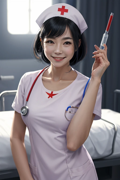1 girl, solo, masterpiece, best quality, 1girl, solo, standing, terrarianurse, nurse, nurse cap, smile, black hair, syringe