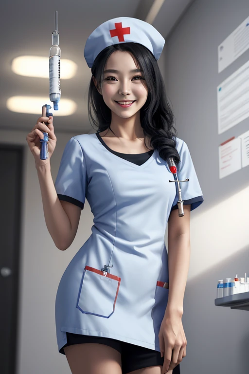 1 girl, solo, masterpiece, best quality, 1girl, solo, standing, terrarianurse, nurse, nurse cap, smile, black hair, syringe 