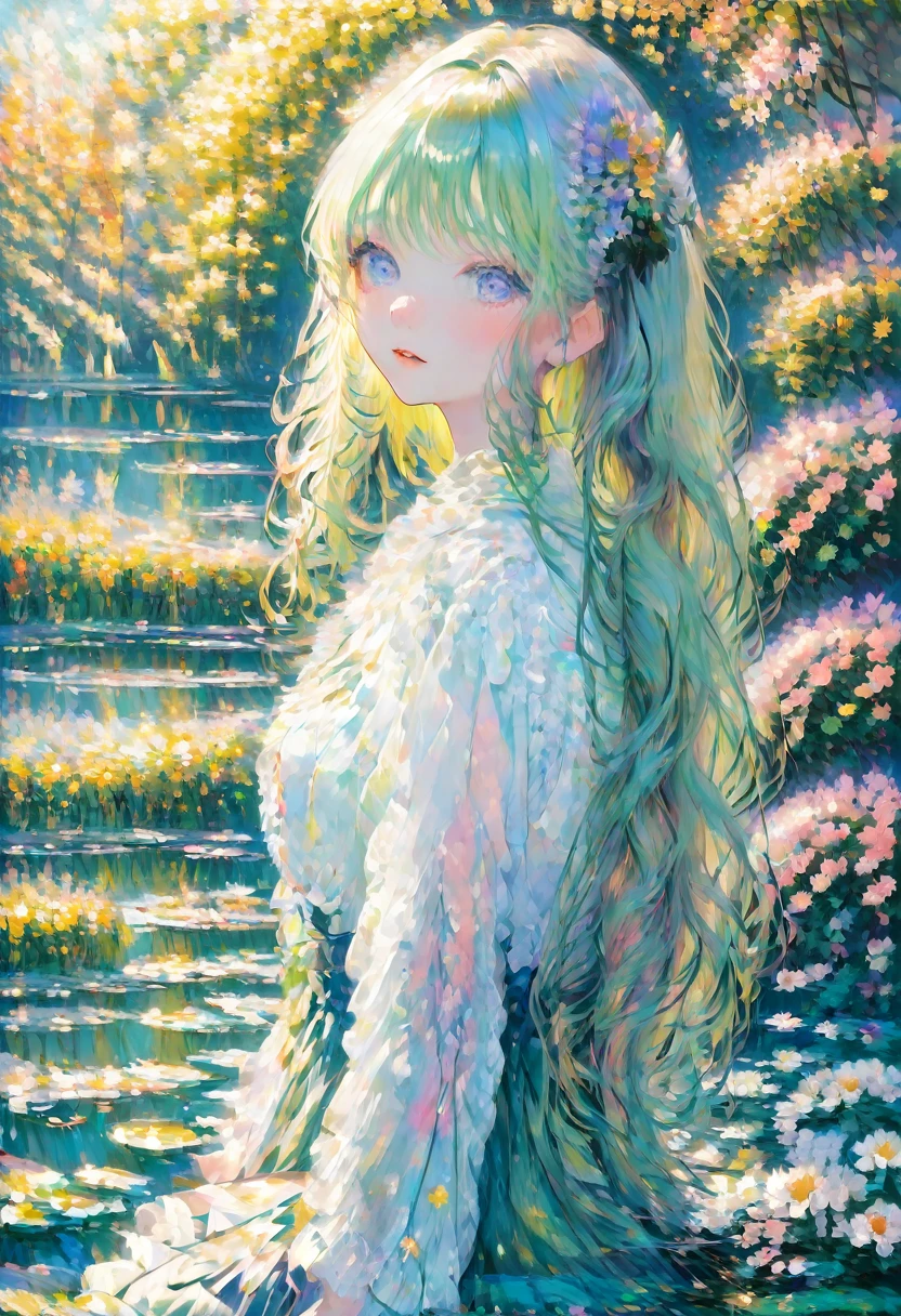 Claude Monet Style, A peaceful garden scene in the style of Claude Monet, with vibrant colors and soft brushstrokes. It features a beautiful girl sitting on a bench surrounded by blooming flowers and lush greenery. Her face, detailed and delicately painted, showcases her serene expression and sparkling eyes. The sunlight filters through the foliage, creating a dappled effect on the ground. The garden is filled with various kinds of flowers, including roses, lilies, and sunflowers, each painted with intricate details that highlight their texture and natural beauty. In the distance, a pond can be seen, reflecting the vibrant colors of the garden and the clear blue sky above. The water lilies on the pond are painted with meticulous attention to detail, capturing their delicate petals and the ripples they create on the water's surface. The overall image is of the highest quality, with ultra-detailed brushwork and sharp focus, providing a masterpiece that truly captures the essence of Claude Monet's signature style.