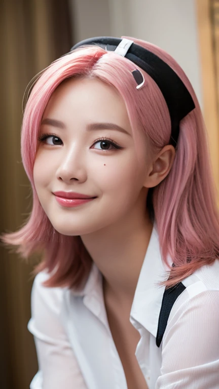 room,Idol Cloth,masterpiece,highest quality,Gray Hair, Red eyes,White shirt,(black formal hat),(Hair Clip:1.3),(Small Mouth Mole:1.3),smile,High resolution,4K,Black sleeves, Upper Body, Spread Legs,(show off breasts),(現実of, photo-現実of:1.37),(8k, RAW Photos, highest quality, masterpiece:1.2), cute, boost mood,Dayu Seren, Very delicate and beautiful girl,Very detailed, , Genuine, incredibly Absurd, Abstraction, snatch, very elaborate body, セクシーなsmile, young,20-year-old, Heart-shaped pupils,of, highest quality,Very detailed顔,Pink Hair, Two-tone hair, Beautiful fine hair, Exquisite and beautiful face,Clear Eyes, Soft lips, Very accurate and detailed, Absurd, Very CGI-like,Huge breasts,(Exposing the breasts:1.37),Accentuate your breasts,