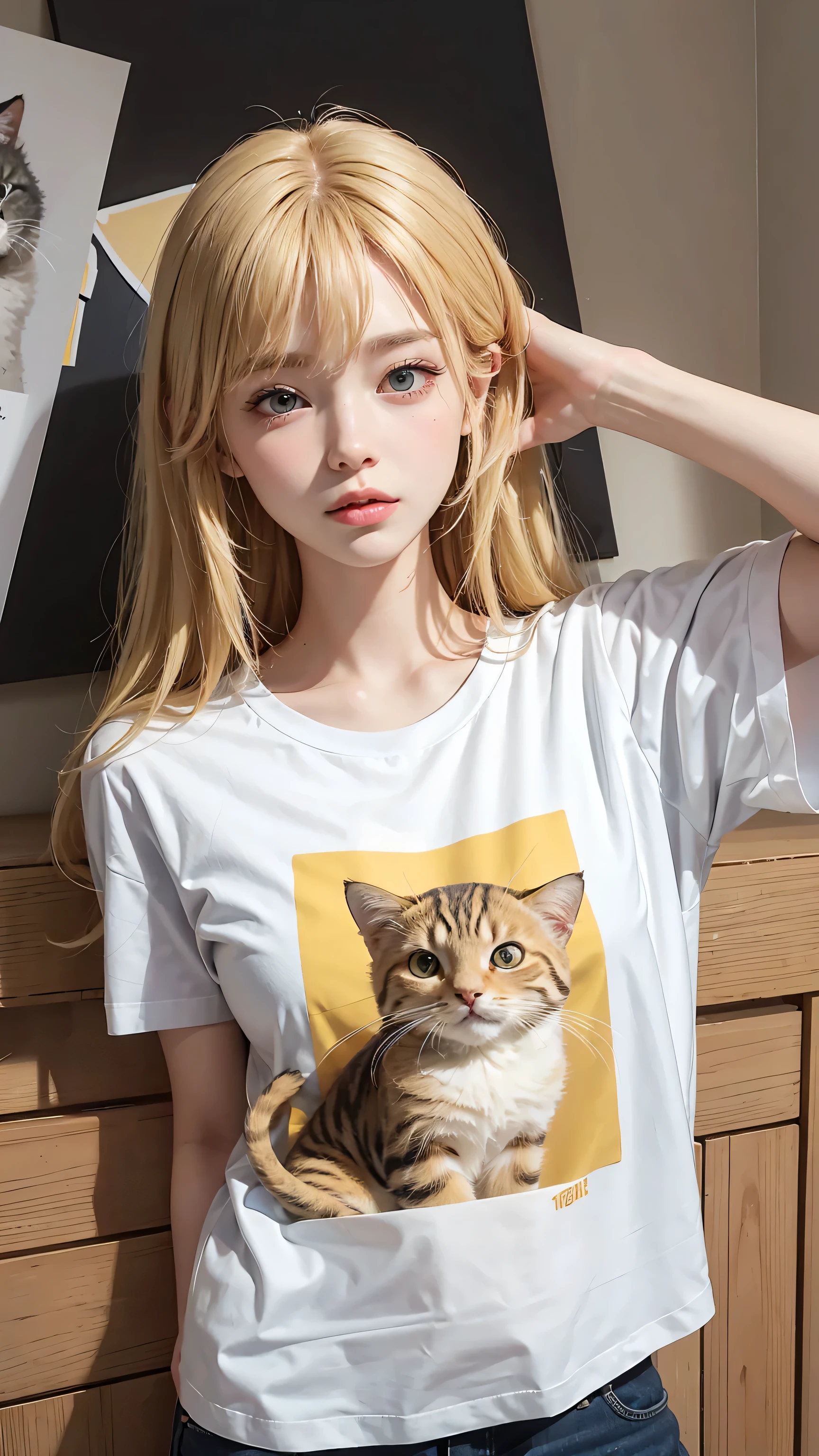 Masterpiece, best quality, super fine, 16k, medium hair, blonde color hair, T-shirt with cat illustration,