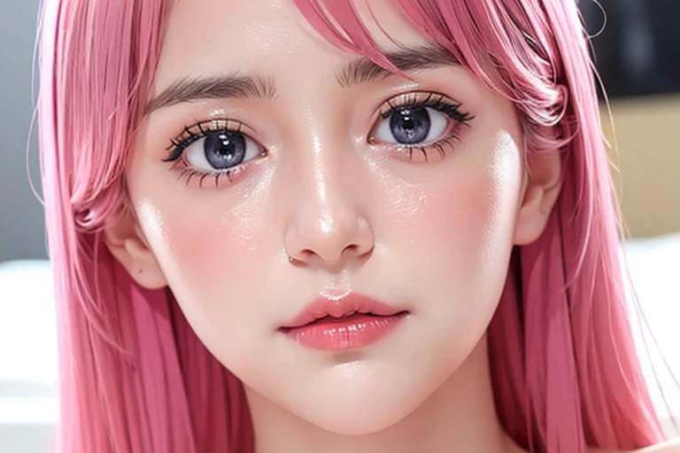 Ultra realistic, open shot, best quality, dream aesthetic (a little blurry in cinematic vibrant light), ultra-detailed, fine details, high resolution (image taken by analog camera), Perfect dynamic composition, illuminated pale skin, perfect shading, beautiful (realistic) detailed clear eyes, naked, pantyhose, pale-pink hair, long messy (silky) hair (pale pink), hair fringe, natural big breasts (nude), Natural Color Lip, face with pleasure and fatigue expression, Random and sensual poses, bedroom (background unfocused)、20 year old、dream atmosphere