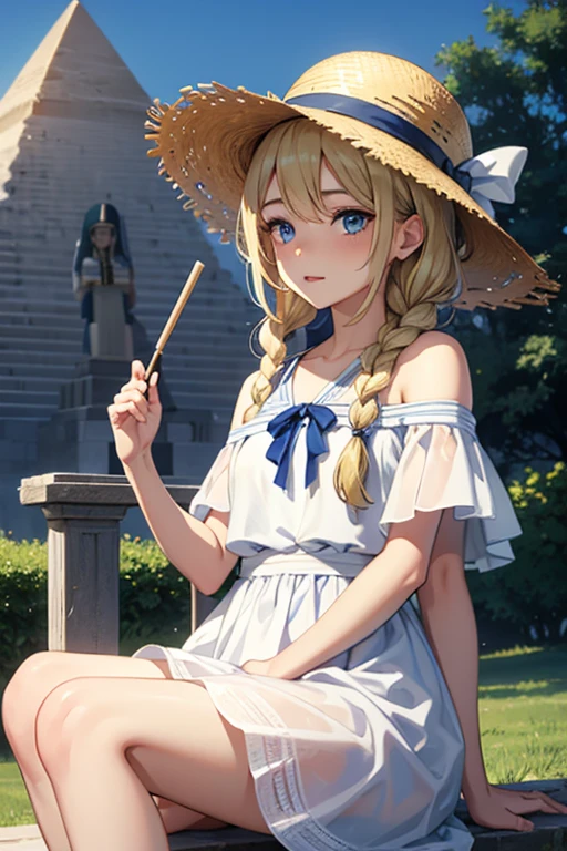 masterpiece, highest quality, High resolution, 1 7-year-old girl、blue eyes、
blonde、Braid、White Dress、Straw hat、Egypt、In front of the pyramid