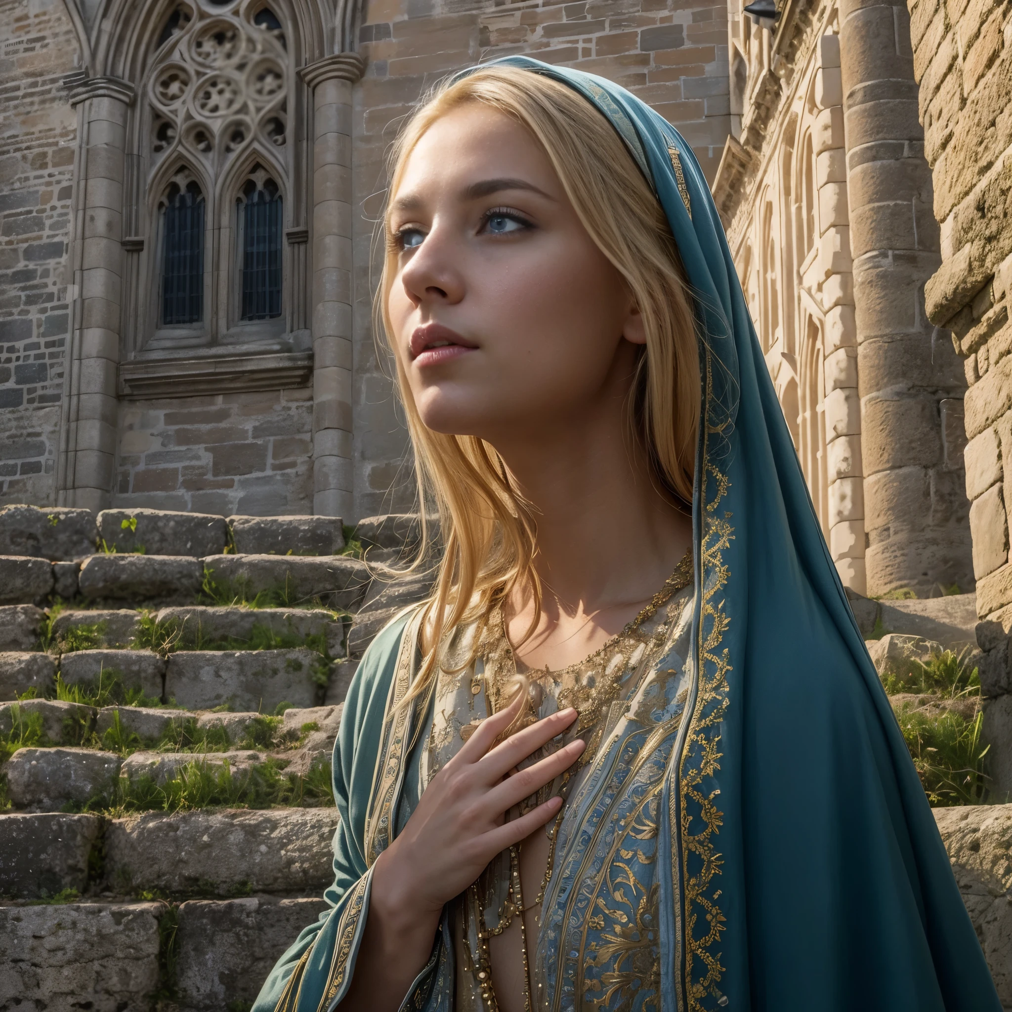 Masterpiece, circa 1460 AD, in the early morning light, a young French noblewoman from the Middle Ages treads softly through the cobbled streets of Mont Saint Michel. Clad in the simple garb of a pilgrim, she advances with a mix of humility and purpose. Her gaze lifts towards the towering Gothic church, its spires bathed in the golden rays of dawn. The sun's embrace seems to bless the abbey, casting a divine aura of protection over its ancient stones. Around her, the air vibrates with a palpable sense of strength and devotion, reflecting her own spiritual journey as she moves closer to the sanctuary, seeking solace and guidance, beautiful face, high detailed face, thin face, ultra realistic face, ultra detailed eyes, blonde hair, blue eyes 16K, ultra high res.photorealistic, UHD, RAW, DSLR