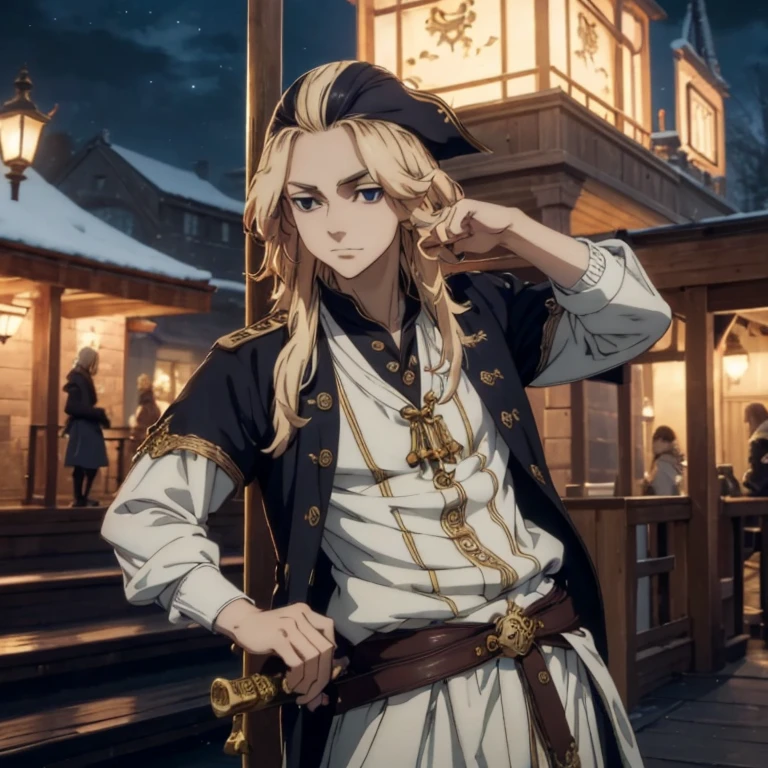A man with long golden hair, wearing a deep blue headscarf, has a cunning look in his eyes, a stubbled chin, he is dressed in a light blue open-chested shirt with a fantasy pirate style, he has a wide yellow sash around his waist, decorated with a red ribbon, he wears matching utility pants, he holds a long pirate-style sword, a long pirate-style sword with a golden guard, gripping it in reverse, he stands by the pier under the night sky, this character embodies a finely crafted fantasy-style pirate in anime style, characterized by an exquisite and mature manga illustration art style, high definition, best quality, highres, ultra-detailed, ultra-fine painting, extremely delicate, professional, anatomically correct, symmetrical face, extremely detailed eyes and face, high quality eyes, creativity, RAW photo, UHD, 8k, Natural light, cinematic lighting, masterpiece:1.5