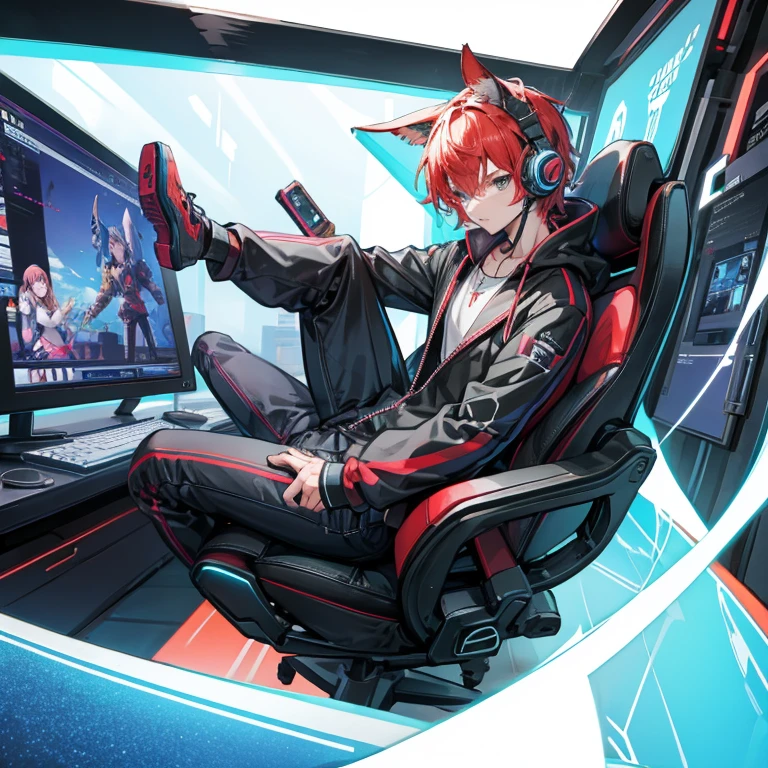 Anime style male kangaroo demi-human with headphones playing a video games