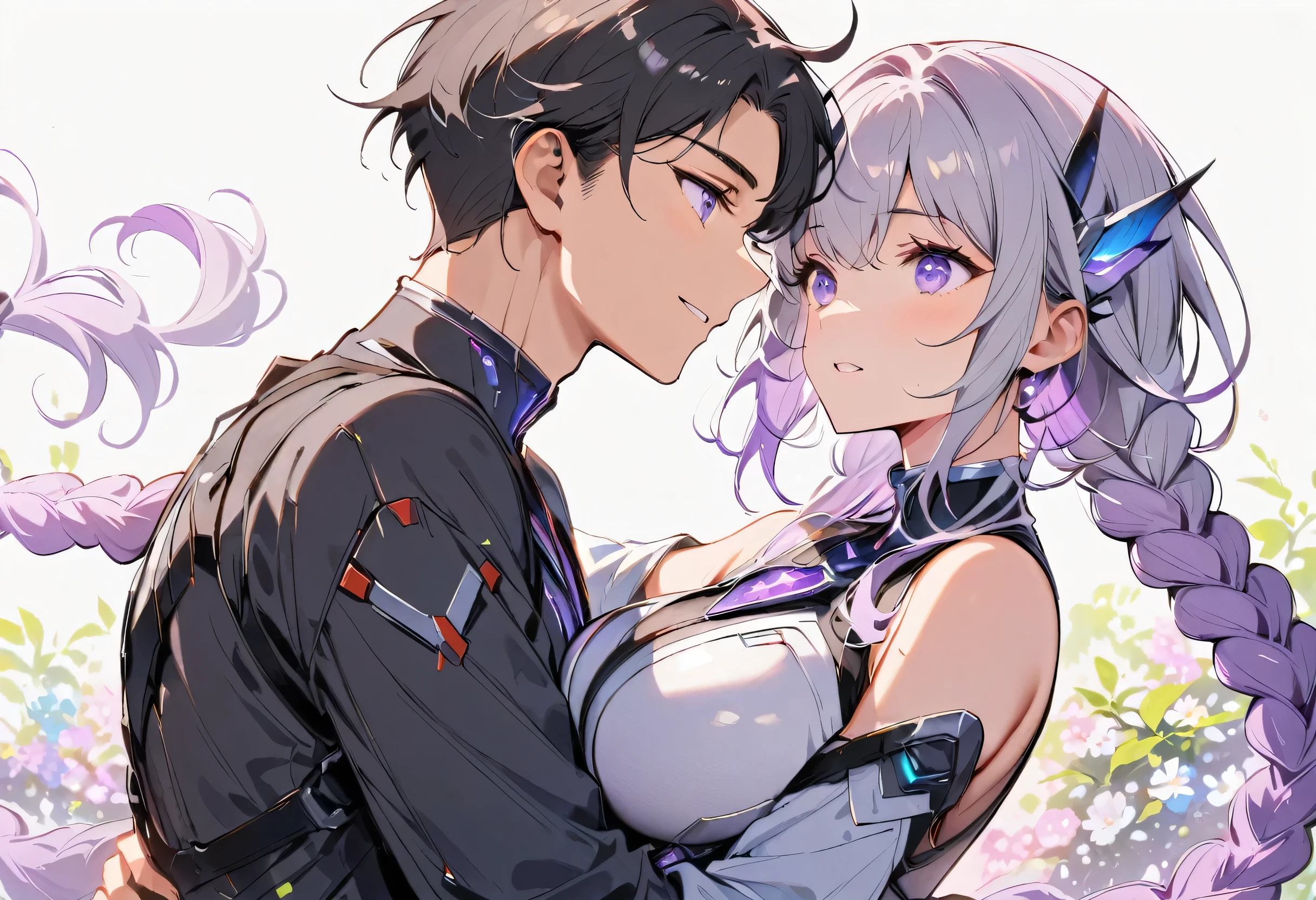 (yinji:1.2), score_7_up, purple hair, purple eyes, extremely long hair, gray hair, large breasts, sloped hair,One man and one woman,couple,Gradient hair color,Silver-white metal decoration at the end of the braid,loving expression,Sci-fi style,Taimanin-like clothes,Off-shoulder,There is a purple glowing gem on the chest, couple,Embrace,Intimate