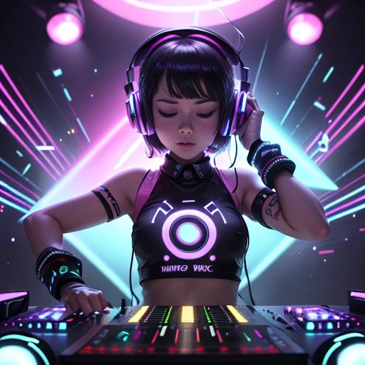 mirror ball, DJ girl, DJ controller, com, neon, super bright music lights. There is a TV screen behind her, (best quality)), ((super detailed)), ((masterpiece)), photo,(DJ with headphones and microphone:1.4), performing at a vibrant (music festival:1.2) with (energetic crowd:1.1) and (colorful stage lights:1.1),(Master Parts:1.3),(highest quality:1.2),8k,Absurd,8K Wallpaper Unit,(Very detailed:1.3),Highest Resolution, (One girl:1.2),(Headphones on head:1.1),(Neon Light:1.1),Hat maker,Dynamic pose,(Floating hair:1.2),short hair,,(Passionate:1.2),(DJ:0.9),(psychedelic:1.2),Dynamic pose,electric wire,1. Place your hands on your head,(light:1.2),Eyes closed,Diaphragm,Obfuscating,(music:1.2),cable,God's Light,(internal:1.2),Horizontally,(musical instrument:0.7),Desperate,Passionate,Energetic,intense,Numb,exciting,dynamic,exciting,Explosives,agree,crowd,light,Neon Ligh.