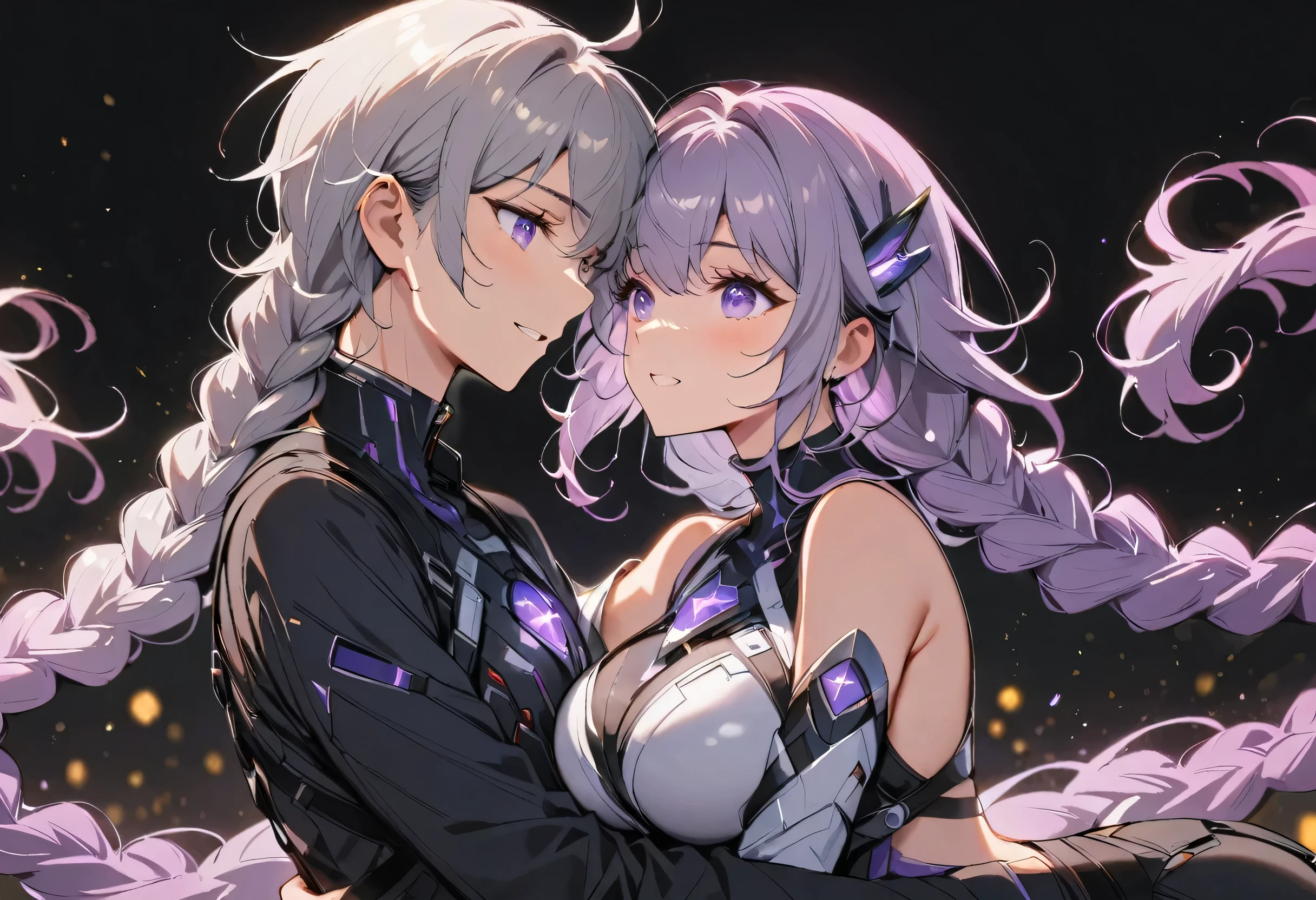 (yinji:1.2), score_7_up, purple hair, purple eyes, extremely long hair, gray hair, large breasts, sloped hair,One man and one woman,couple,Gradient hair color,Silver-white metal decoration at the end of the braid,loving expression,Sci-fi style,Taimanin-like clothes,Off-shoulder,There is a purple glowing gem on the chest, couple,Embrace,Intimate