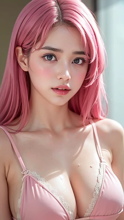 Ultra realistic, open shot (show body), best quality, dream aesthetic (a little blurry in cinematic vibrant light), ultra-detailed, fine details, high resolution, Perfect dynamic composition, illuminated pale wet skin, perfect shading, beautiful (realistic) detailed clear eyes, hot lingerie (tits nude), pantyhose, pale-pink hair, long messy (silky) hair (pale pink), tied hair, natural big breasts (large), Natural Color Lip (not smiling), face with pleasure and seductive expression, Random and sensual poses, bedroom (background unfocused)、20 year old、dream atmosphere