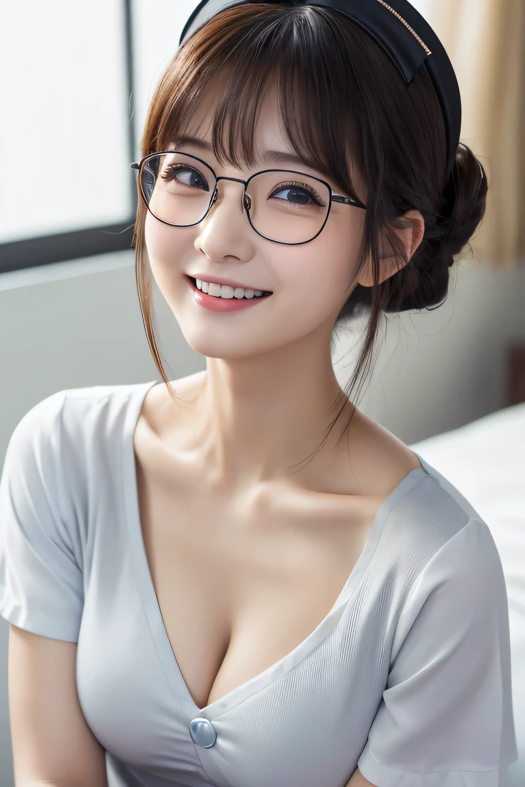 (1 Girl)、(Beautiful Japanese、24years old,round face、Refreshing、clear、seems kind、stylish、Pitiful、cute like an angel、cute、black eyes、,actress,Almond-shaped eyes,Translucent white skin、Beautiful skin), Good style , (Beautiful big breasts:1.2),(soft breasts),(very cute),{(Broun hair),(updo),(Bangs is deep side part),(tendrils)},(enchanting eyes),(highlight on eyes:1.2)、(rimless glasses),(8K、Live shooting、highest quality、masterpiece:1.2、optimal lighting)、((masterpiece)),(Photo taken by a professional photographer),(real、photo real:1.4),break,{ (White nurse costume),(((taraditional nurse uniform))),,{(White nurse tight pants)},(cleavage:1.2)},( Smile face),(cheeks are red:1.2), break, break,Old hospital,Face shot:1.3、looking at viewer, face close-up,Looking up、sitting、(Laughing with mouth open)