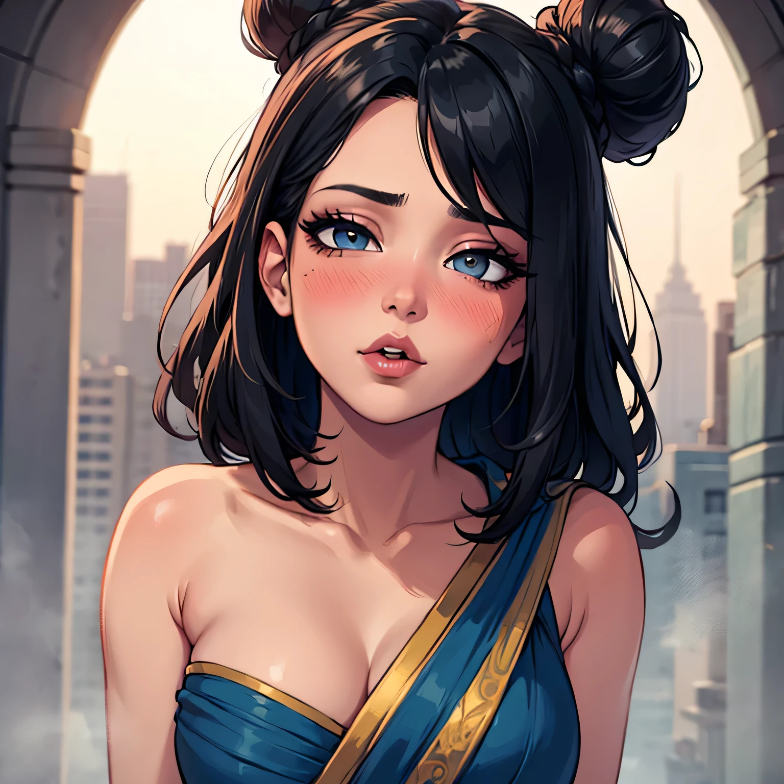 (best quality,4k,8k,highres,masterpiece:1.2),ultra-detailed,realistic:1.37,beautiful detailed eyes,beautiful detailed lips,extremely detailed eyes and face,longeyelashes,sexy woman with black hair in a bun,seductive eyes in intense gaze,mouth open with deep blush,flustered expression, beautiful long neck and collarbone,medium chest with cleavage,wearing a blue saree,lustful expression,sultry pose