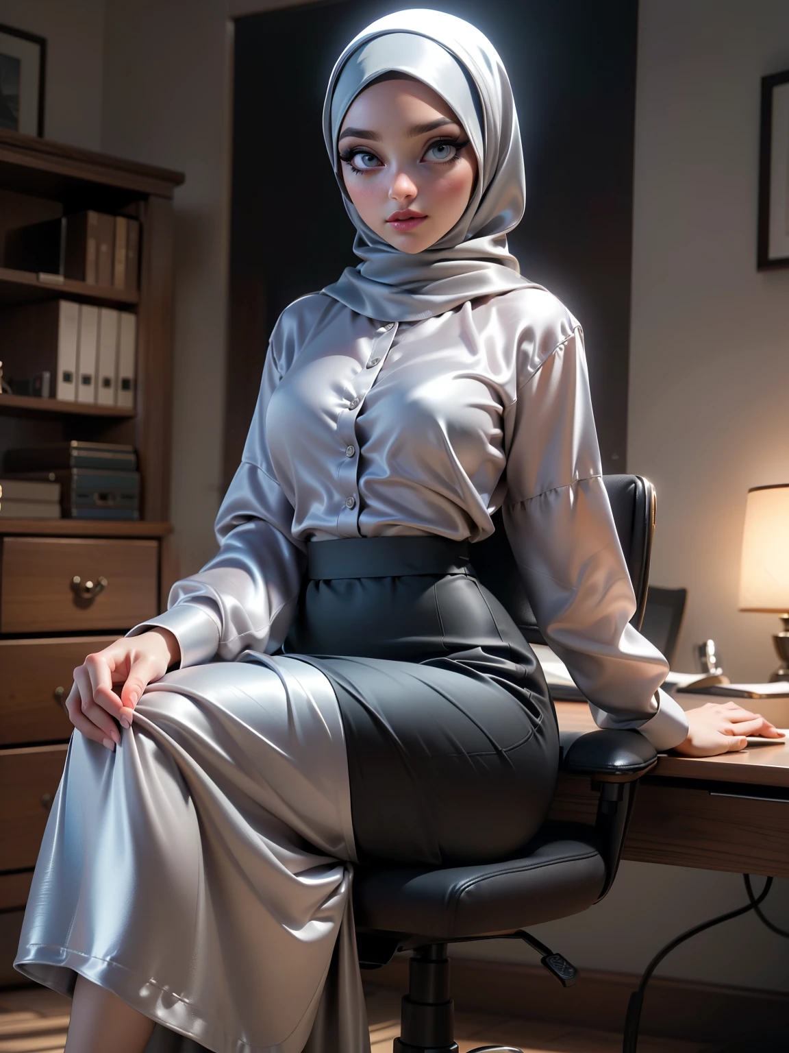 ((Masterpiece, best quality, photography, detailed skin, realistic, photo-realistic, 8k, highly detailed, full length frame, High detail RAW color art, diffused soft lighting, shallow depth of field, sharp focus, hyperrealism, cinematic lighting, hijab, a woman in a beautifully makeup, smokey eyeshadow, beautiful big eyes, long eye lashes, wearing (Dark pewter satin hijab), loosely tide hijab style, ((gray satin shirt)), satin long maxi skirt, sitting on office chair