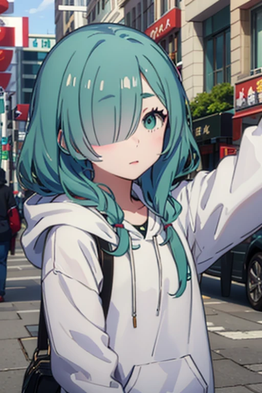 hair over one eye, White and green hair color、Casual girl、Hair on one eye、One Girl、White hoodie