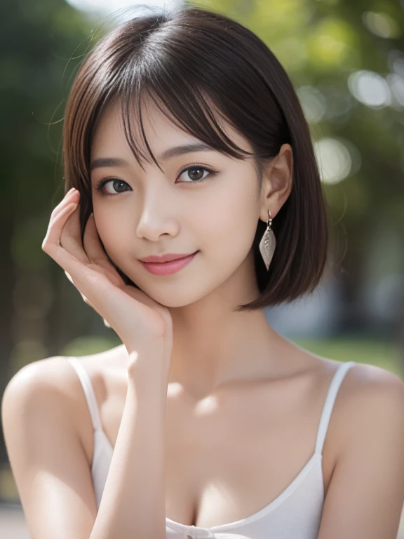 (masterpiece)、(highest quality:1.5)、(16k wallpaper:1.2)、(Photorealistic:1.2)、(Ultra-detailed:1.2)、(超A high resolution:1.2),(Surreal), (High resolution), (Very detailed), (Professional), (Realistic), (Post-processing), (Very detailed),(Sharp focus), Sharp focus:1.2,Photorealistic, Ultra-realistic, バックLight, Bright light, (Improvement of quality:1.4), Healthy thighs、Narrow waist、Big Ass、(Beautiful legs)、((Perfectly detailed five-fingered hands)),(Anatomically correct body)、((1 female:1.4))、Realistic Skin、(Small chest:1.4),Pretty woman with perfect figure:1.4,(from the front:1.5), (Enhances the beauty of skin texture:1.1), (Beautiful fine details), (Detailed face),Beautiful realistic face,No makeup、美しいBlack Hair、Super Beauty、The best smile、Natural color lip、Even bangs、((29-year-old woman))、Bob Hair、Hair blowing in the wind, (Black Hair, Iris, Watery eyes, Shining Eyes, Short bob cut hair, Small earrings, Lightly reddish), Hair behind the ear、No makeup、(Drooping eyes)、Drooping eye corners、 clavicle Beauty, clavicle, Light, hope, blue sky, positive, Challenge, motivation, shine, Dynamic Perspective