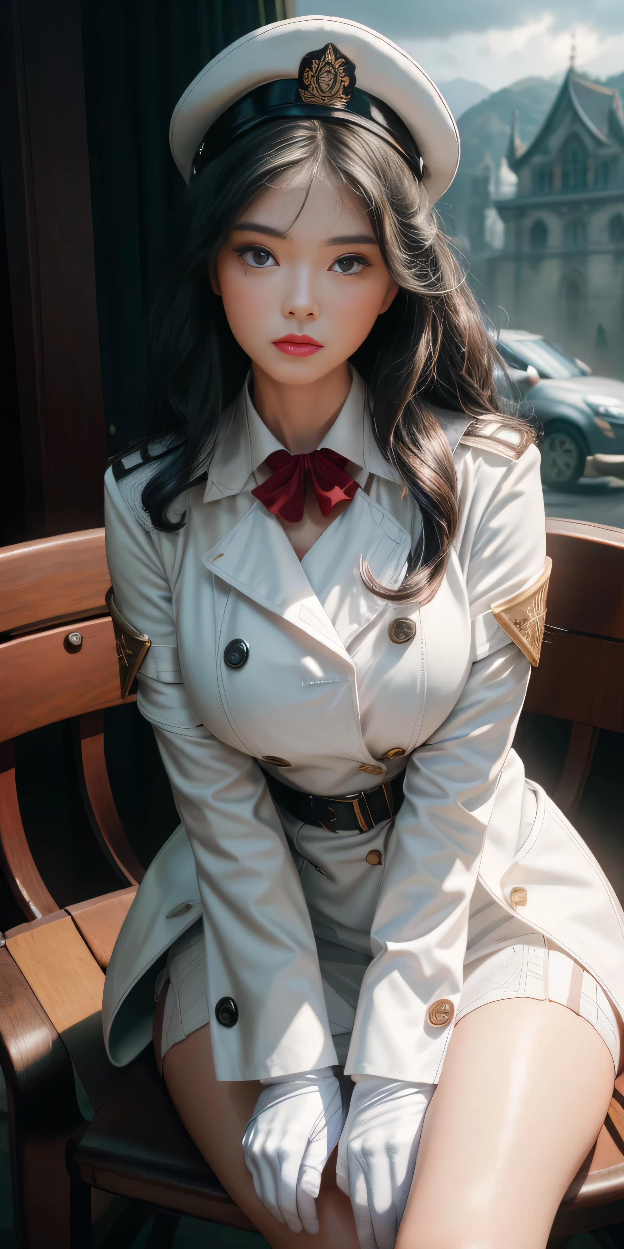 Very detailed CG, 1 girl, red face, slightly open lips, wet body, plump and symmetrical breasts, raised buttocks, long white trench coat, two-breasted buttons, buttoned well, white military cap, white gloves, white boots, green wavy curls, leather whip, chest bump close-up, buttocks close-up, multiple angles, sit on chair, black sky, gloomy castle, dynamic angle, flowing, 8k wallpaper, masterpiece, best quality, super detailed, best lighting, best shadows