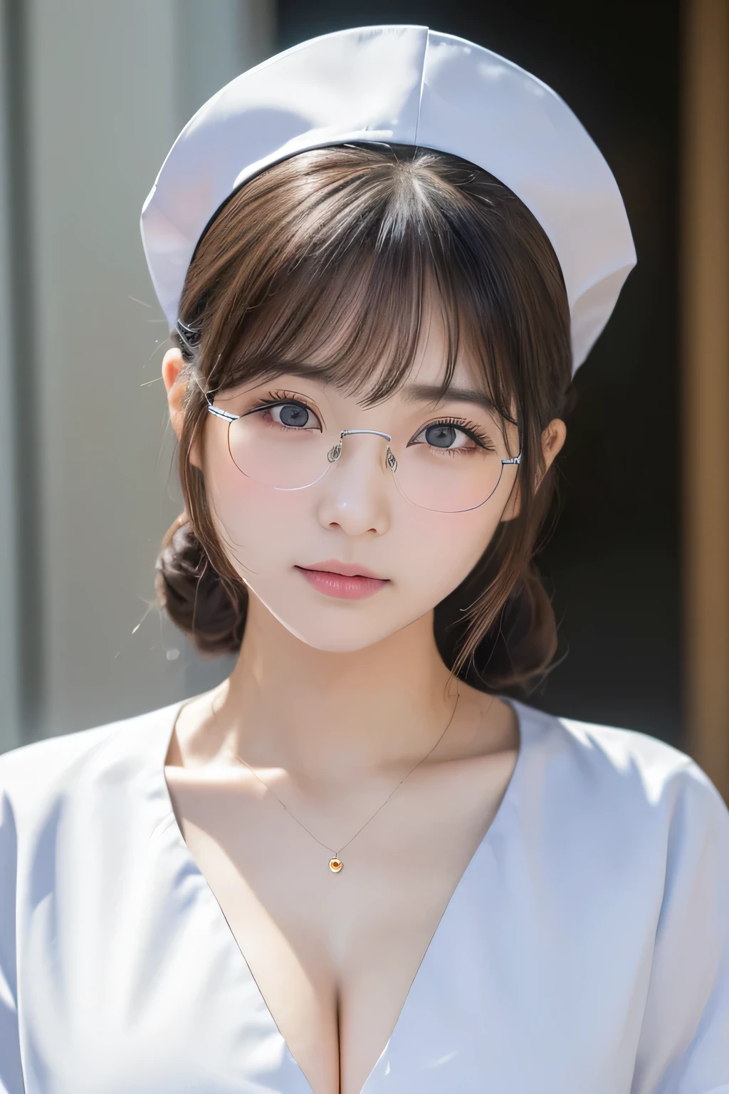 (1 Girl)、(Beautiful Japanese、24years old,round face、Refreshing、clear、seems kind、stylish、Pitiful、cute like an angel、cute、black eyes、,actress,Almond-shaped eyes,Translucent white skin、Beautiful skin), Good style , (Beautiful big breasts:1.2),(soft breasts),(very cute),{(Broun hair),(updo),(Bangs is deep side part),(tendrils)},(enchanting eyes),(highlight on eyes:1.2)、(rimless glasses),(8K、Live shooting、highest quality、masterpiece:1.2、optimal lighting)、((masterpiece)),(Photo taken by a professional photographer),(real、photo real:1.4),break,{ (White nurse costume),(((taraditional nurse uniform))),,{(White nurse tight pants)},(cleavage:1.2)},( Serious face),(cheeks are red:1.2), break, break,Old hospital,Face shot:1.3、looking at viewer, face close-up,Looking up、sitting、