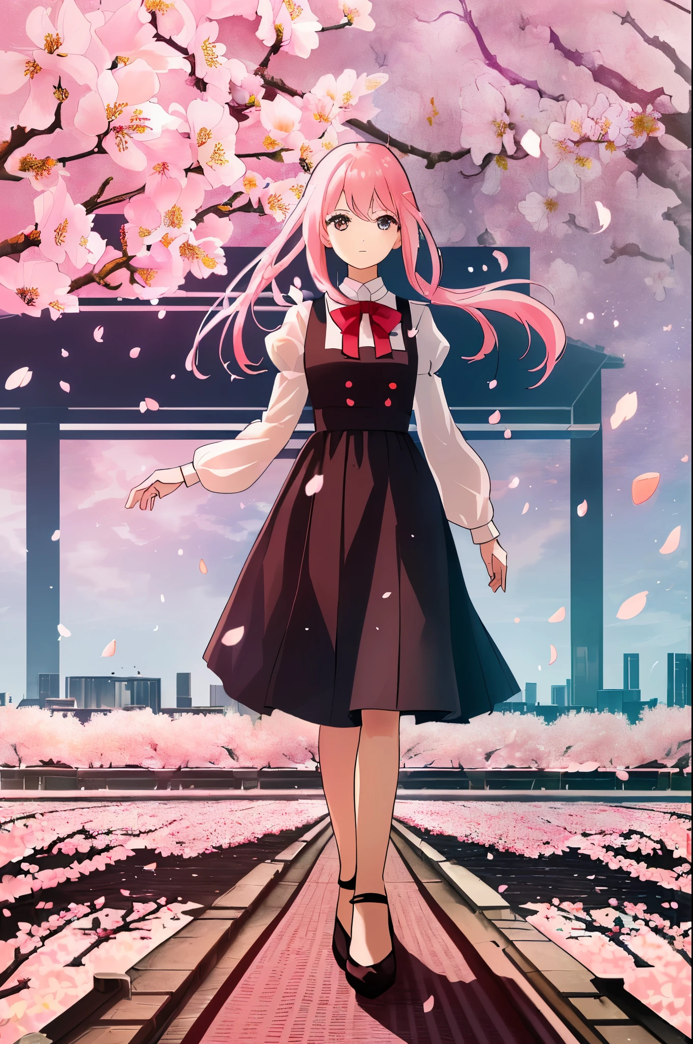 Masterpiece, utmost quality, (1 futuristic cityscape:1.0), (skyscraper replaced by towering cherry trees:1.1), (cherry trees reaching towards the sky like natural skyscrapers:1.2), Cherry Blossom Metropolis, The City of Sakura Skyscrapers, (sky filled with drifting cherry blossom petals:1.3), (dreamlike atmosphere:1.4), A Vision of Sakura, The City of Cherry Blossom Dreams, (cities of the future reimagined as blooming cherry orchards:1.5), (the beauty of cherry bloss
