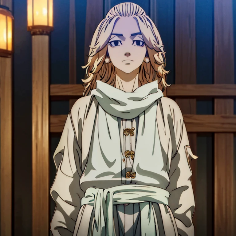 A man with long golden hair, wearing a deep blue headscarf, has a cunning look in his eyes, a stubbled chin, he is dressed in a light blue open-chested shirt with a fantasy pirate style, he has a wide yellow sash around his waist, decorated with a red ribbon, he wears matching utility pants, he holds a long pirate-style sword, a long pirate-style sword with a golden guard, gripping it in reverse, he stands by the pier under the night sky, this character embodies a finely crafted fantasy-style pirate in anime style, characterized by an exquisite and mature manga illustration art style, high definition, best quality, highres, ultra-detailed, ultra-fine painting, extremely delicate, professional, anatomically correct, symmetrical face, extremely detailed eyes and face, high quality eyes, creativity, RAW photo, UHD, 8k, Natural light, cinematic lighting, masterpiece:1.5