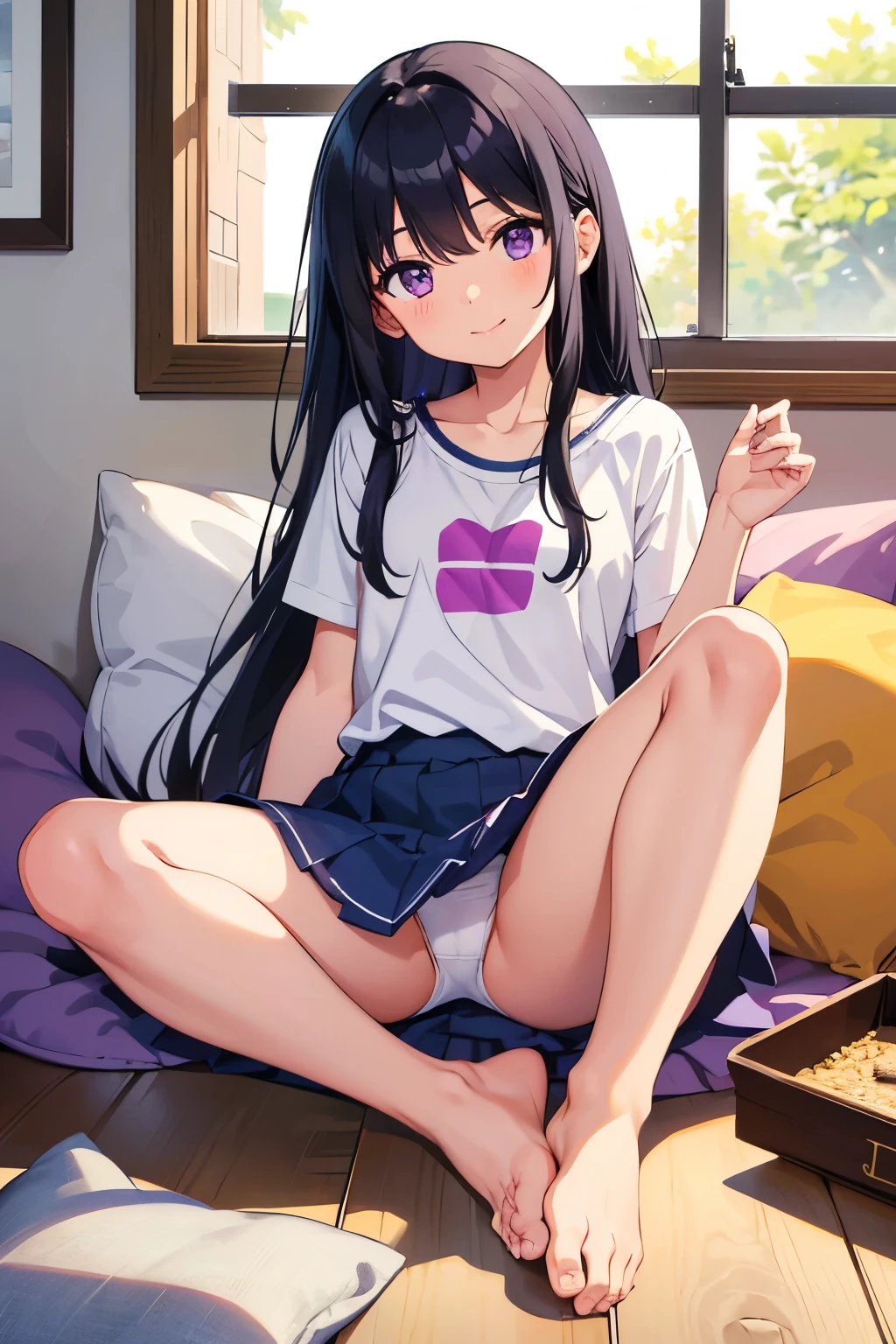 Countryside house, , 8 years old Flat chest, r, long hair, purple eyes smile (one person) Plain white short-sleeved T-shirt Navy blue denim mini skirt White panties((I can see her panties)) barefoot Rokutami room Sit on a cushion Dynamic angle Low angle