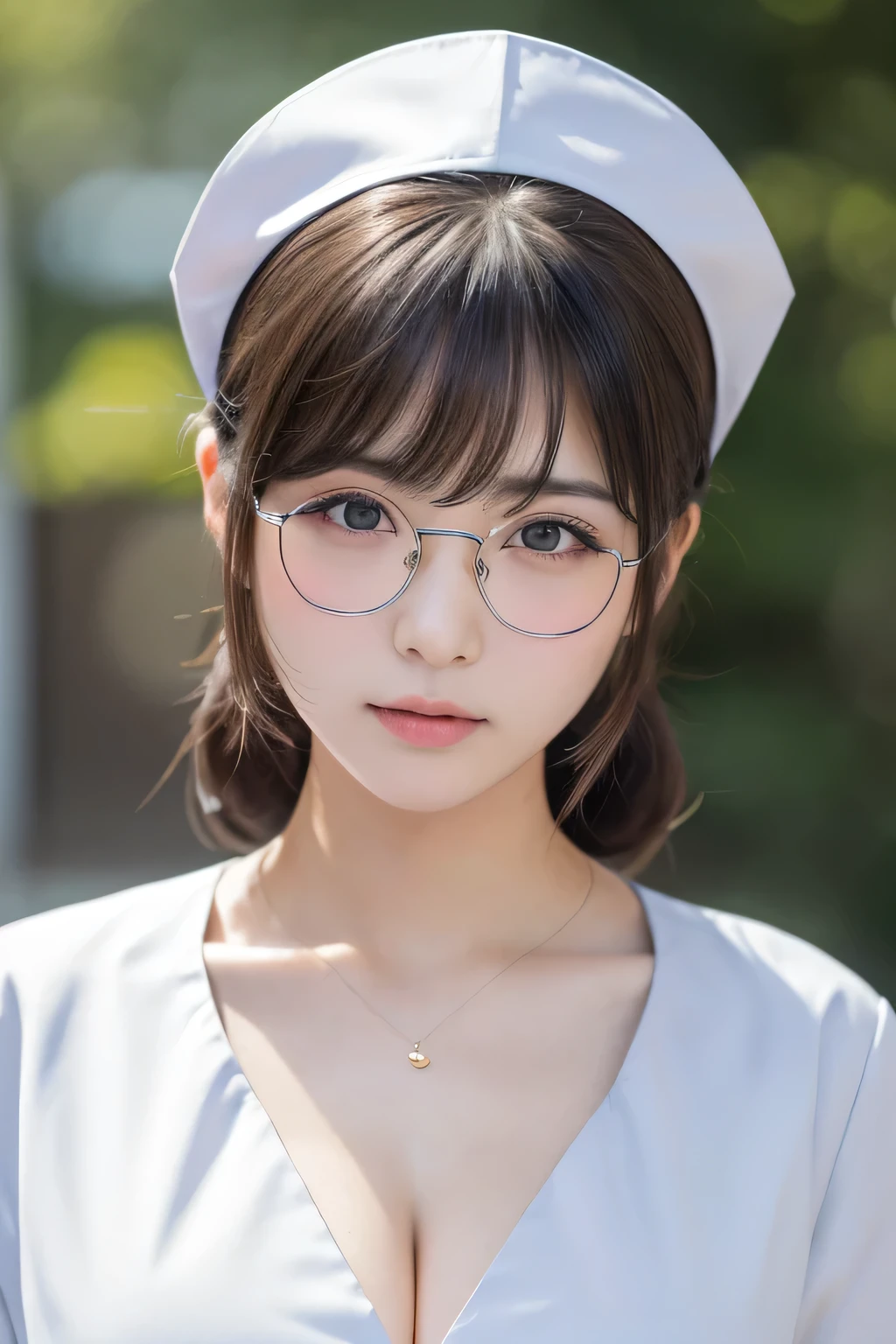 (1 Girl)、(Beautiful Japanese、24years old,round face、Refreshing、clear、seems kind、stylish、Pitiful、cute like an angel、cute、black eyes、,actress,Almond-shaped eyes,Translucent white skin、Beautiful skin), Good style , (Beautiful big breasts:1.2),(soft breasts),(very cute),{(Broun hair),(updo),(Bangs is deep side part),(tendrils)},(enchanting eyes),(highlight on eyes:1.2)、(rimless glasses),(8K、Live shooting、highest quality、masterpiece:1.2、optimal lighting)、((masterpiece)),(Photo taken by a professional photographer),(real、photo real:1.4),break,{ (White nurse costume),(((taraditional nurse uniform))),,{(White nurse tight pants)},(cleavage:1.2)},( Shy:1.6),(tears:1.3),(cheeks are red:1.2), break, break,Old hospital,Face shot:1.3、looking at viewer, face close-up,Looking up、sitting、Feeling embarrassed