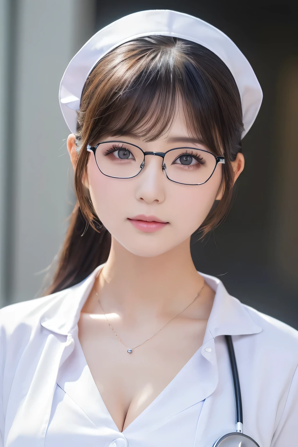 (1 Girl)、(Beautiful Japanese、24years old,round face、Refreshing、clear、seems kind、stylish、Pitiful、cute like an angel、cute、(black eyes)、,actress,Almond-shaped eyes,Translucent white skin、Beautiful skin), Good style , (Beautiful big breasts:1.2),(soft breasts),(very cute),{(Broun hair),(updo),(long banngs)(((Bangs is deep side part))),(tendrils),(ponytail)},(enchanting eyes),(highlight on eyes:1.2)、(rimless glasses),(8K、Live shooting、highest quality、masterpiece:1.2、optimal lighting)、((masterpiece)),(Photo taken by a professional photographer),(real、photo real:1.4),break,{ (White nurse costume),(((taraditional nurse uniform))),,{(White nurse tight pants)},(cleavage:1.2)},( Serious face),(Serious face),(cheeks are red:1.2), break, break,Old hospital,Face shot:1.3、looking at viewer, face close-up,Looking up、