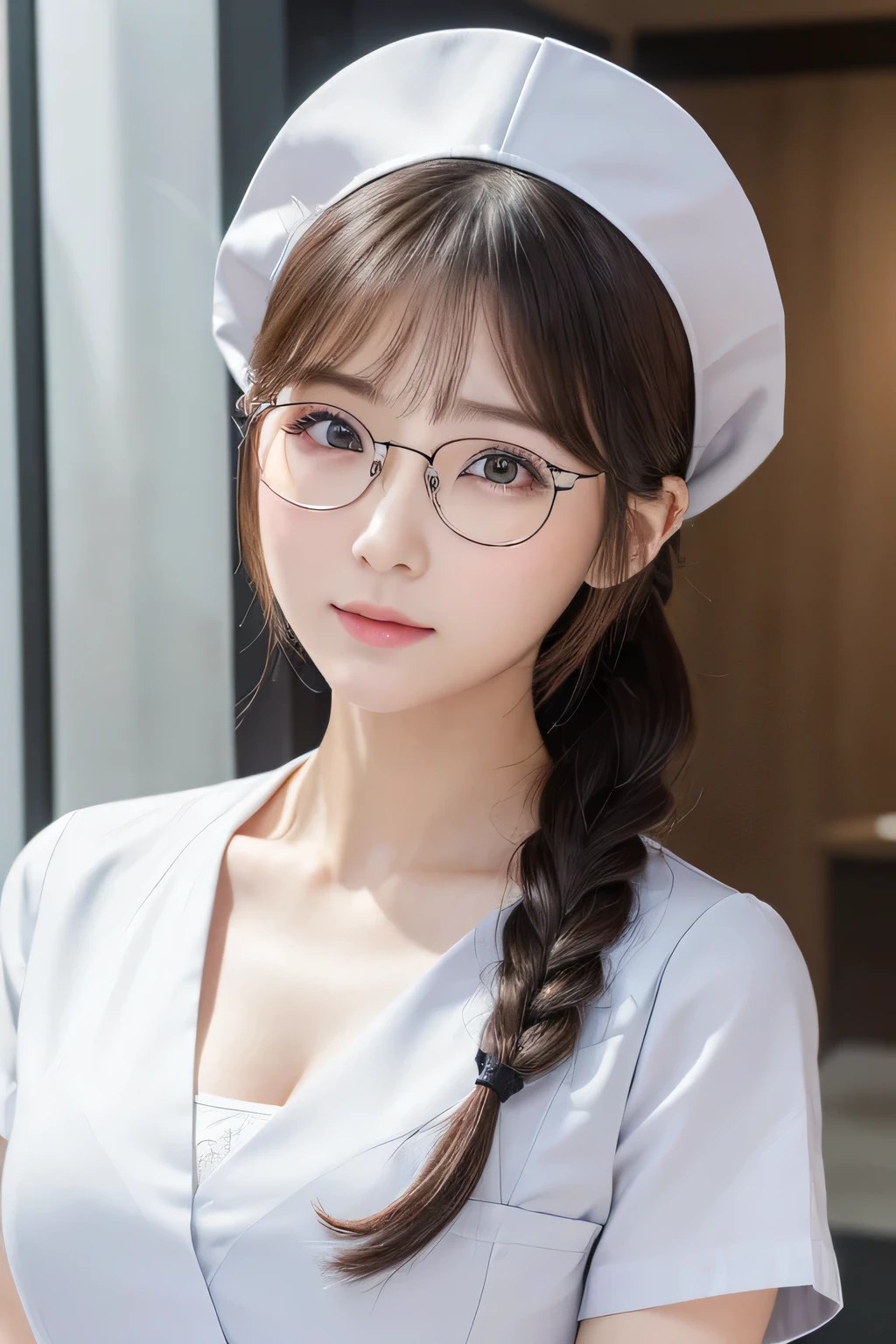 (1 Girl)、(Beautiful Japanese、24years old,round face、Refreshing、clear、seems kind、stylish、Pitiful、cute like an angel、cute、black eyes、,actress,Almond-shaped eyes,Translucent white skin、Beautiful skin), Good style , (Beautiful big breasts:1.2),(soft breasts),(very cute),{(Broun hair),(ponytail),(Long Bangs ),( deep side part),(tendrils)},(enchanting eyes),(highlight on eyes:1.2)、(rimless glasses),(8K、Live shooting、highest quality、masterpiece:1.2、optimal lighting)、((masterpiece)),(Photo taken by a professional photographer),(real、photo real:1.4),break,{ (White nurse costume),(((taraditional nurse uniform))),,{(White nurse tight pants)},(cleavage:1.2)},( Serious face),(cheeks are red:1.2), break, break,Old hospital,Face shot:1.3、((looking at viewer)), face close-up,Looking up、sitting、