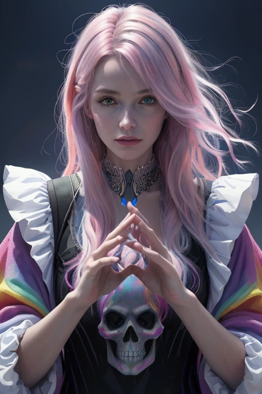 (((medium full shot))), (Masterpiece, photorealistic, photorealism, best quality, ultra-detailed:1.3), (nice hands, perfect hands), official art, cinematic light, (1girl:1.3), adult, watercolor (medium), (beautiful and aesthetic:1.2), (fractal art:1.3), looking at viewer,patterns,(rainbow color Hair,colorful hair,half blue and half pink hair:1.2), (Purple Particle), Demon, Moon, Bright Moonlight Skull, Very long hair, clothes with ridiculous Details, Whirlwinds,