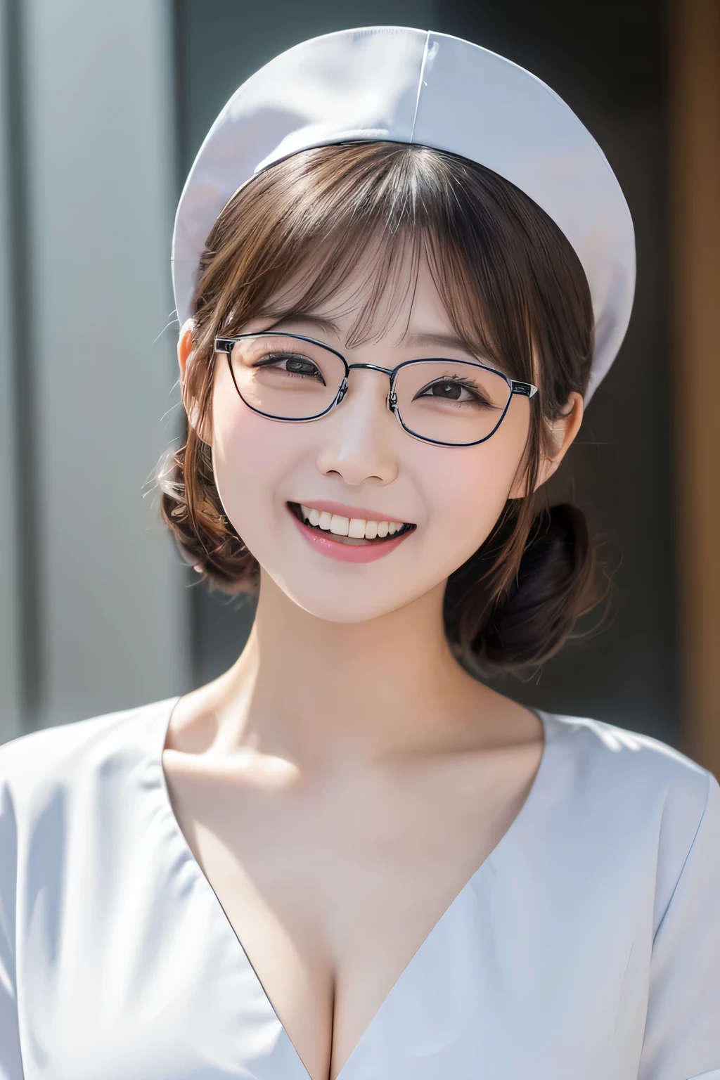 (1 Girl)、(Beautiful Japanese、24years old,round face、Refreshing、clear、seems kind、stylish、Pitiful、cute like an angel、cute、black eyes、,actress,Almond-shaped eyes,Translucent white skin、Beautiful skin), Good style , (Beautiful big breasts:1.2),(soft breasts),(very cute),{(Broun hair),(updo),(Bangs is deep side part),(tendrils)},(enchanting eyes),(highlight on eyes:1.2)、(rimless glasses),(8K、Live shooting、highest quality、masterpiece:1.2、optimal lighting)、((masterpiece)),(Photo taken by a professional photographer),(real、photo real:1.4),break,{ (White nurse costume),(((taraditional nurse uniform))),,{(White nurse tight pants)},(cleavage:1.2)},( Smile face),(cheeks are red:1.2), break, break,Old hospital,Face shot:1.3、looking at viewer, face close-up,Looking up、sitting、(Laughing with mouth open)