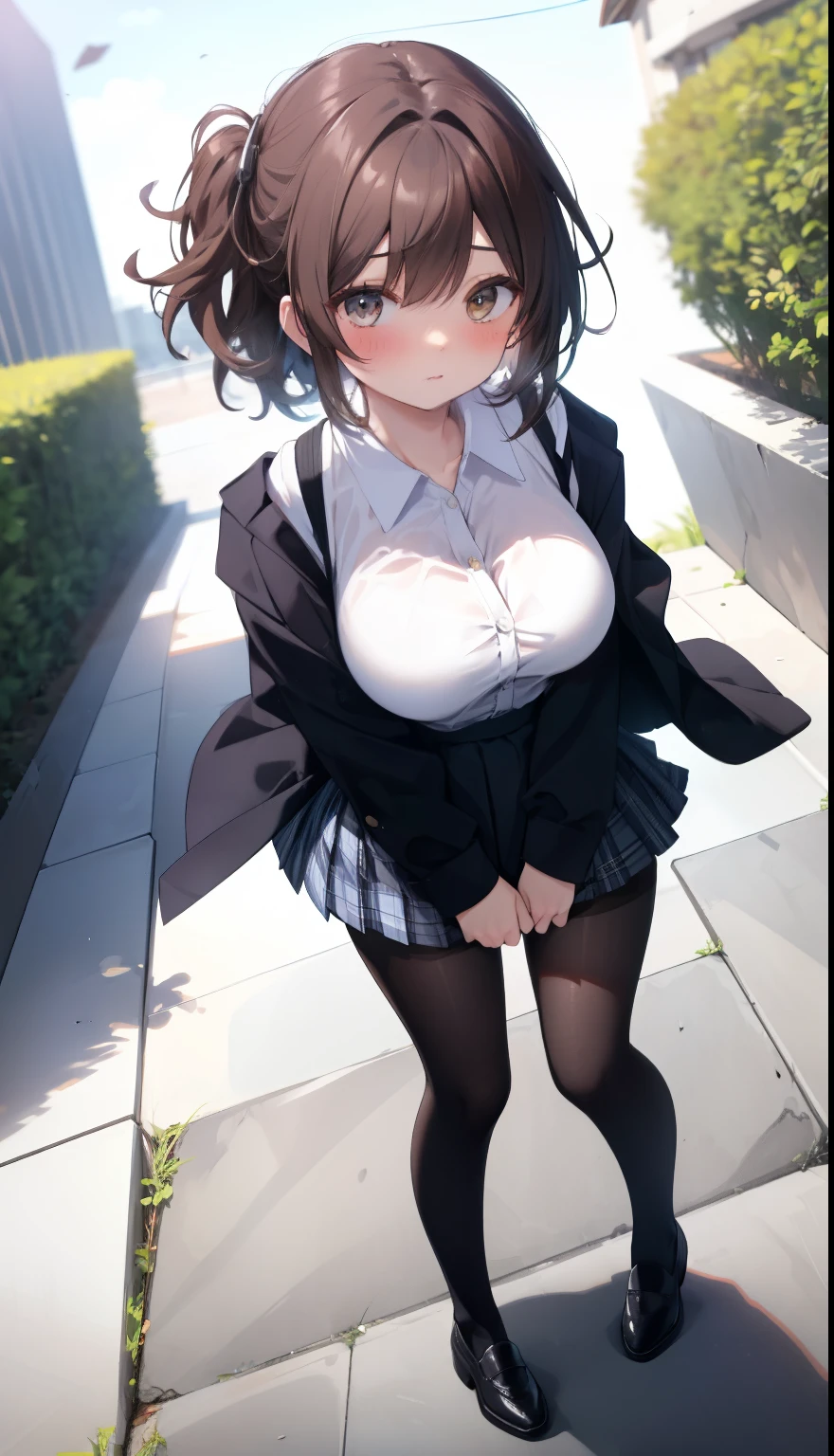 One Girl、Positive、From above、Full body portrait、Brown haired、Medium Haircut、blush、Absolute area、Knee socks、stockings、pantyhose、レースpantyhose、White underwear、Cleavage、Light blue cut shirt、Unbutton your shirt、Shirt buttons fly off、Navy blue checkered pleated skirt、Very short skirt、garden、Daytime、(Very big boobs)、((Full Body Lesbian))、masterpiece、(highest quality)、Panties around the ankles、loafers、The wind blows up my skirt