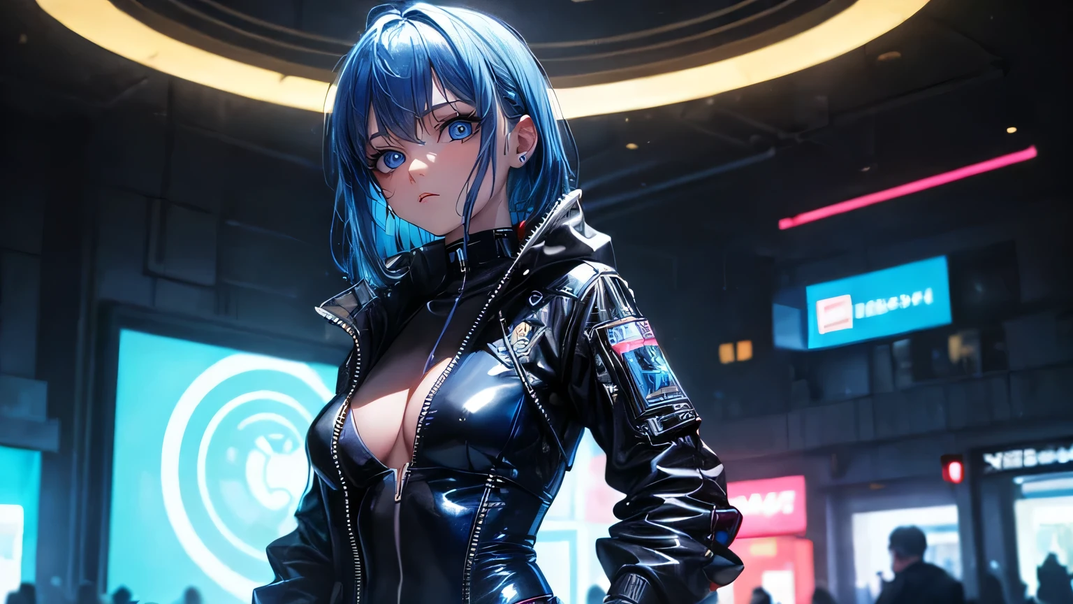 ((masterpiece, highest quality, Ultra Clear, High resolution)), alone, beautiful girl, Shining Eyes, Perfect Eyes, , Blue Theme, cyberpunk,Blue Hair,Neon Light,Cyberpunk Landscape,Cyberpunk Gadgets,Bodysuits