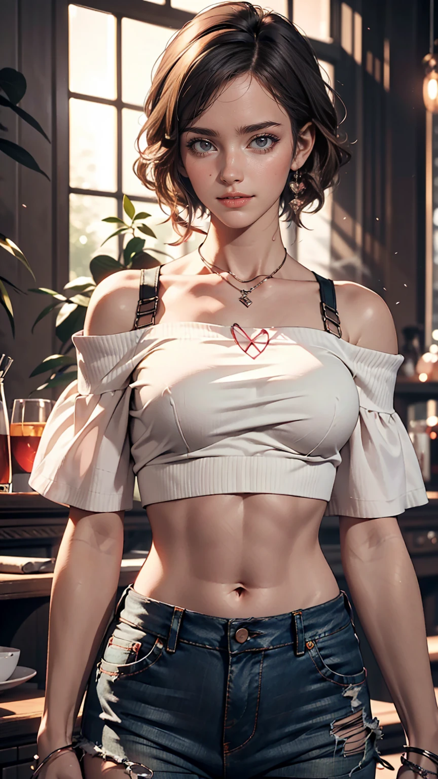 24-year-old female、Choker Neck((choker neck))Wear tops、Wear low rise leggings、smile、View your viewers、Big Breasts、Cross one&#39;s arms、Sexy proportions