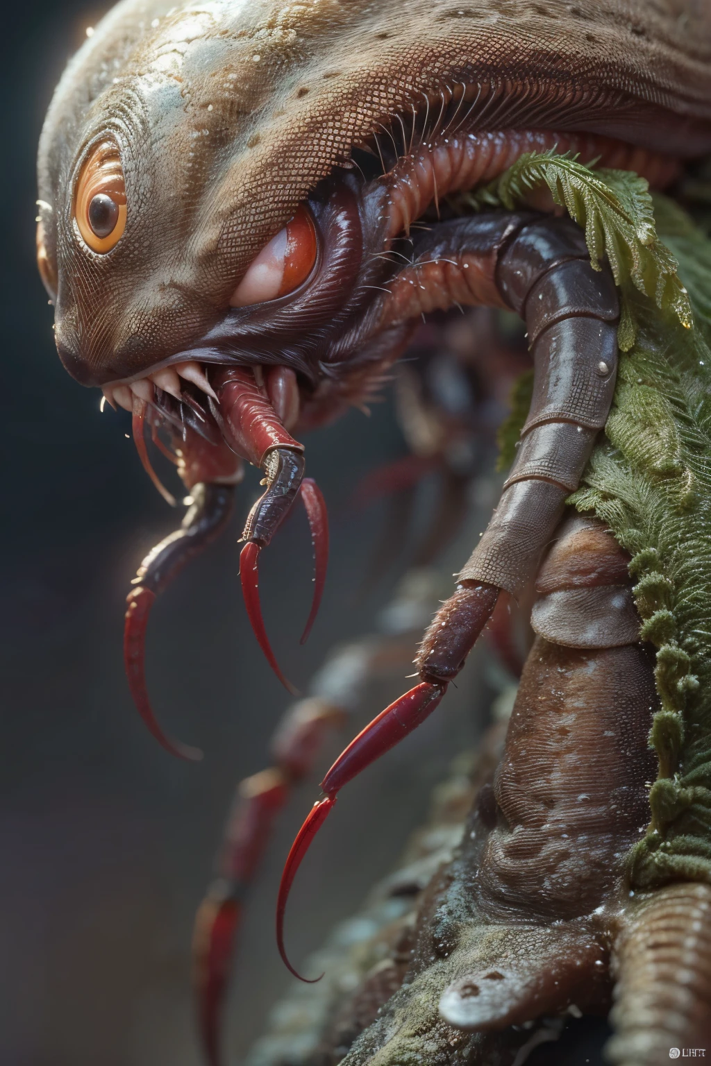 masterpiece、highest quality、Ultra-Realistic Rendering、蟹のような女性のalien、Fusion with Crab、蟹型alien、alien、Extremely intricate details、Wet texture、The bottom of the sea where light shines、