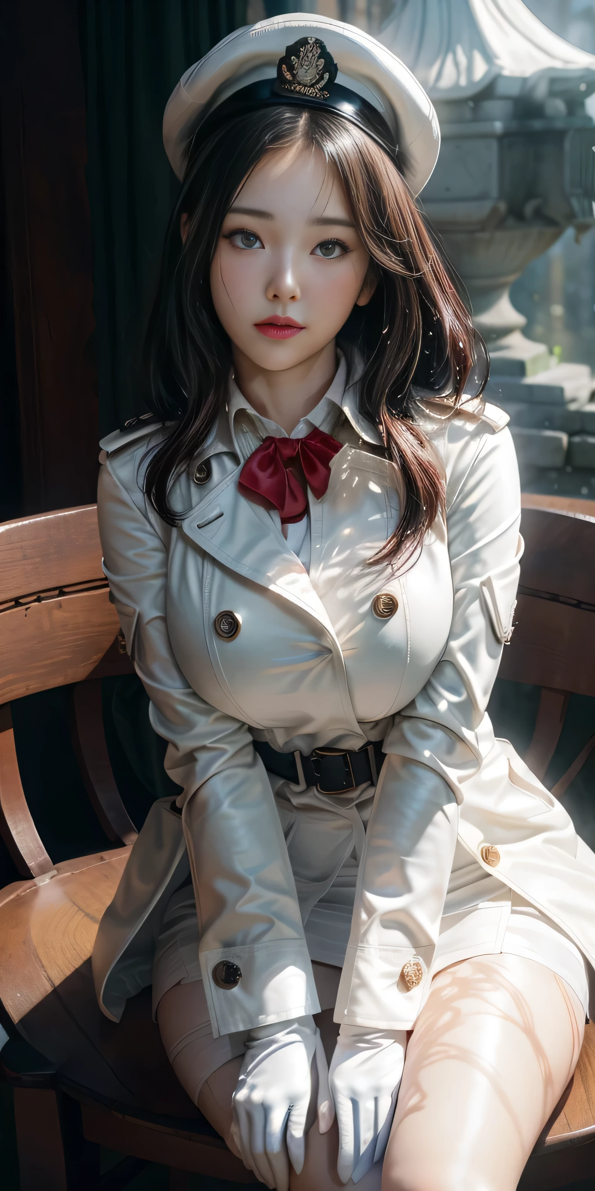 Very detailed CG, 1 girl, red face, slightly open lips, wet body, plump and symmetrical breasts, raised buttocks, long white trench coat, two-breasted buttons, buttoned well, white military cap, white gloves, white boots, green wavy curls, leather whip, chest bump close-up, buttocks close-up, multiple angles, sit on chair, black sky, gloomy castle, dynamic angle, flowing, 8k wallpaper, masterpiece, best quality, super detailed, best lighting, best shadows