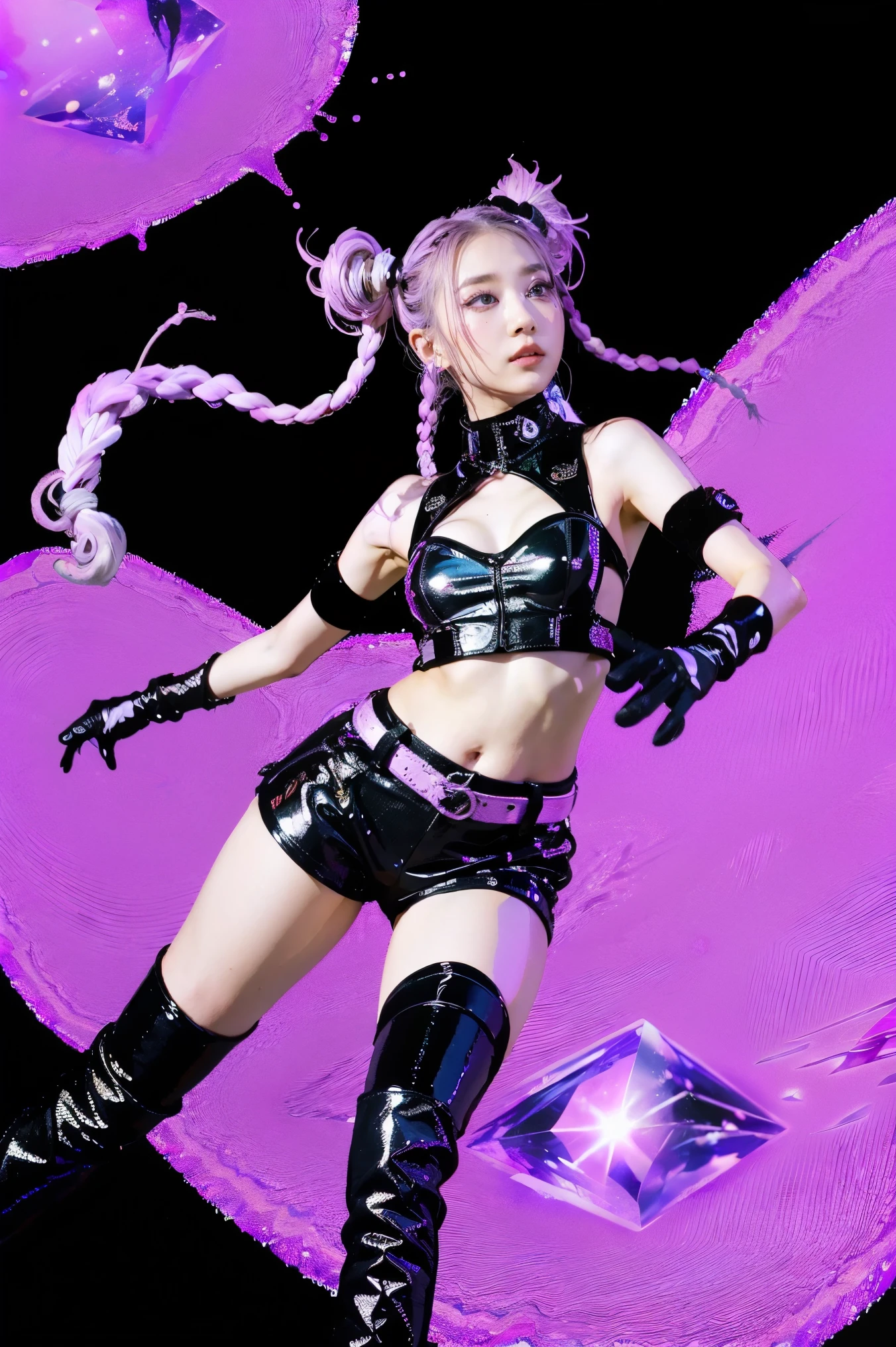 ,Best Quality, Ultra High Resolution, Cute, (KPOP Idol), (Long Twintail), (Light Purple Hair:1), ((Big Eyes)), Looking at you,
BREAK ((upper body:1.3)), Front View,A character with long, flowing silver hair and a slender build, wearing a black and white outfit that includes thigh-high boots and gloves. The character is in a dynamic pose surrounded by ethereal purple crystals and energy,
The character is in a dynamic pose surrounded by ethereal purple crystals and energy,A character with long, flowing purple hair, wearing a metallic top and black shorts with thigh-high boots. The outfit includes straps and belts, giving it a futuristic or fantasy style. The character is in a dynamic pose with radiant light or energy surrounding them, set against a minimalistic abstract background,