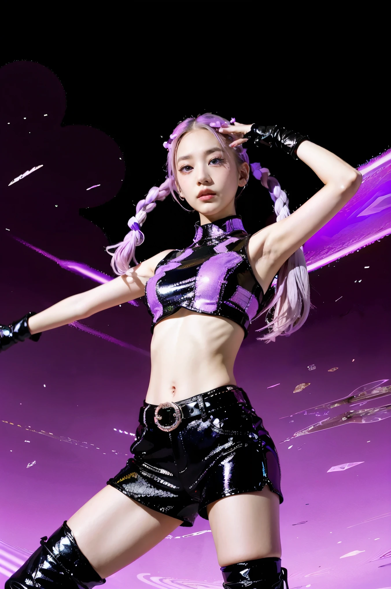 ,Best Quality, Ultra High Resolution, Cute, (KPOP Idol), (Long Twintail), (Light Purple Hair:1), ((Big Eyes)), Looking at you,
BREAK ((upper body:1.3)), Front View,A character with long, flowing silver hair and a slender build, wearing a black and white outfit that includes thigh-high boots and gloves. The character is in a dynamic pose surrounded by ethereal purple crystals and energy,
The character is in a dynamic pose surrounded by ethereal purple crystals and energy,A character with long, flowing purple hair, wearing a metallic top and black shorts with thigh-high boots. The outfit includes straps and belts, giving it a futuristic or fantasy style. The character is in a dynamic pose with radiant light or energy surrounding them, set against a minimalistic abstract background,