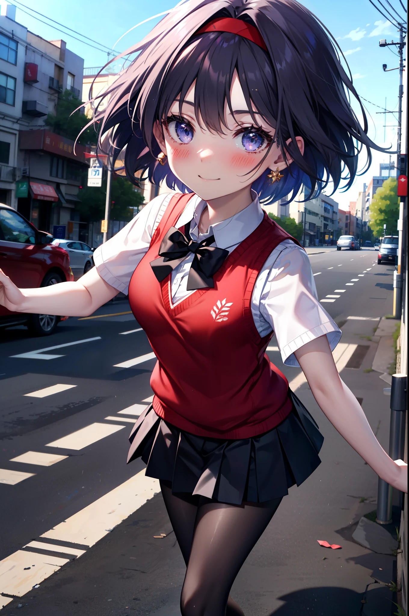 yuukikonno, Yuki Konno,Black Hair,short hair,Bob Hair ,Green headband,(iris:1.5), (Small breasts:1.2), smile,break skirt, shirt, bow, ribbon, , white shirt, Short sleeve, Pleated skirt, collared shirt, mini skirt, bowtie, 茶色のloafers , Black Skirt, Black Pantyhose, loafers, black bow, Sweater vest, (red Sweater vest:1.5),whole bodyがイラストに入るように,walk,
break outdoors,  city,construction area,
break looking at viewer, whole body,
break (masterpiece:1.2), highest quality, High resolution, unity 8k wallpaper, (shape:0.8), (Beautiful details:1.6), Highly detailed face, Perfect lighting, Extremely detailed CG, (Perfect hands, Perfect Anatomy),