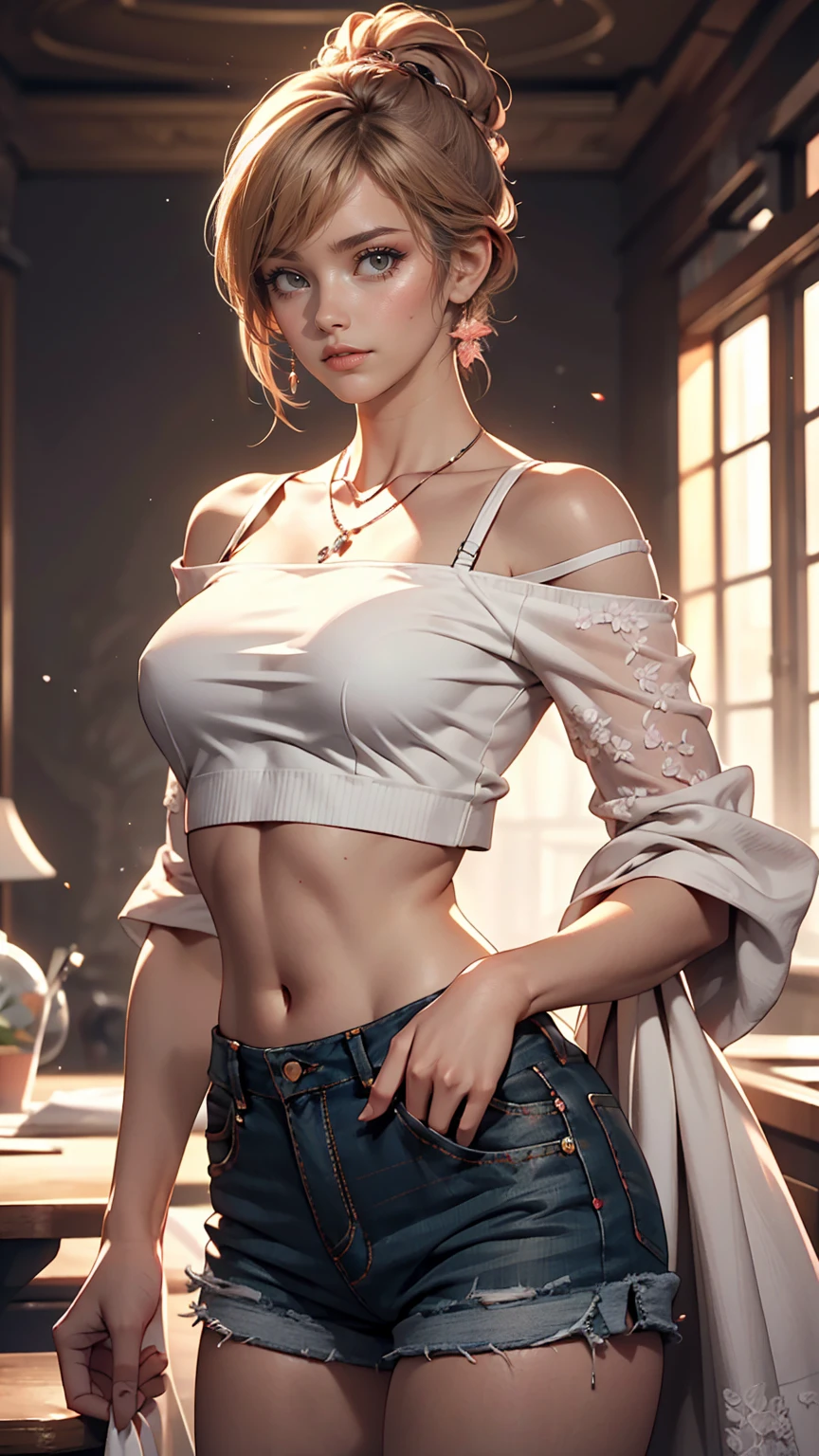 best qualtiy，tmasterpiece，超高分辨率，（真实感：1.4），RAW photogr，1girll，cropped shoulders，，deep shading，low tune，Cold light quality is the best)), ((Hyper-Resolution)), ((Photorealistic)), (Intricate details), 19 years old, blond hairbl, Perfect face shape, Makeup:1.5, Face light, detail in face, Naked, Short hair，best qualtiy)), ((tmasterpiece)), (the detail:1.4), 。.。.3D,Front fill light,hdr（HighDynamicRange）,Ray traching,NVIDIA RTX,Hyper-Resolution,Unreal 5,Subsurface scattering、PBR Texture、post-proces、Anisotropy Filtering、depth of fields、maximum definition and sharpness、Many-Layer Textures、Albedo e mapas Speculares、Surface coloring、Accurate simulation of light-material interactions、perfectly proportions、rendering by octane、Two-colored light、largeaperture、Low ISO、White balance、the rule of thirds、8K raw data、Raised translucent top, Smaller top, Smaller white lace shorts, Raised, Mature feminization, Flattering eyes, White lace translucent top，Flat naked abdomen, Snow-white thighs, White lace stockings, Bare arms, Mature charm deep V open neck, Long dark brown shiny hair, Small shorts