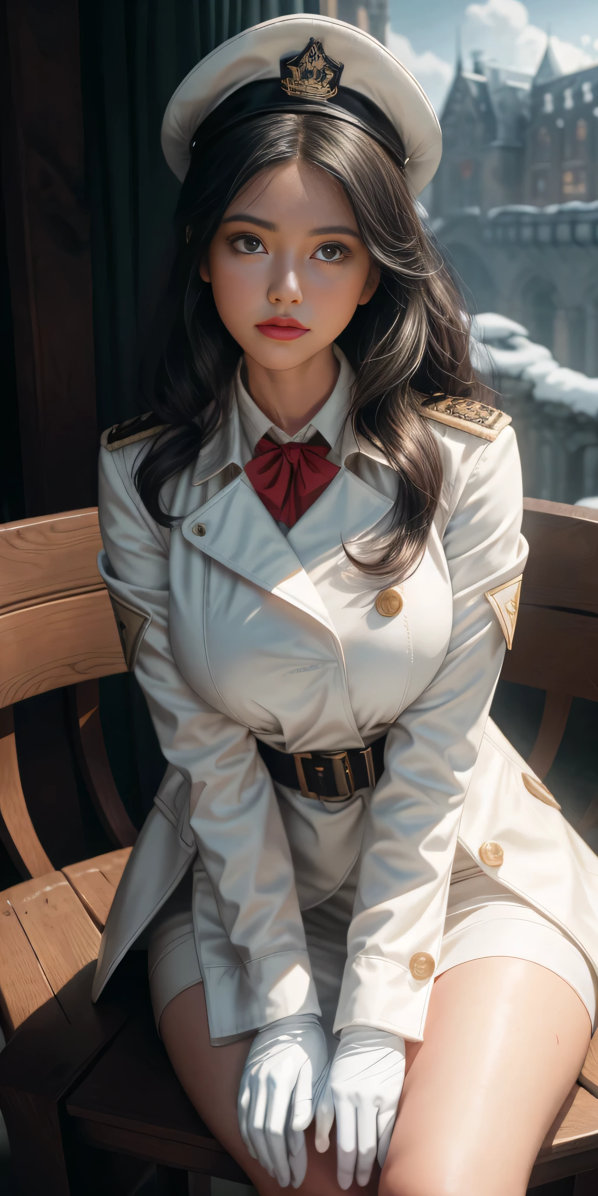 Very detailed CG, 1 girl, red face, slightly open lips, wet body, plump and symmetrical breasts, raised buttocks, long white trench coat, two-breasted buttons, buttoned well, white military cap, white gloves, white boots, green wavy curls, leather whip, chest bump close-up, buttocks close-up, multiple angles, sit on chair, black sky, gloomy castle, dynamic angle, flowing, 8k wallpaper, masterpiece, best quality, super detailed, best lighting, best shadows