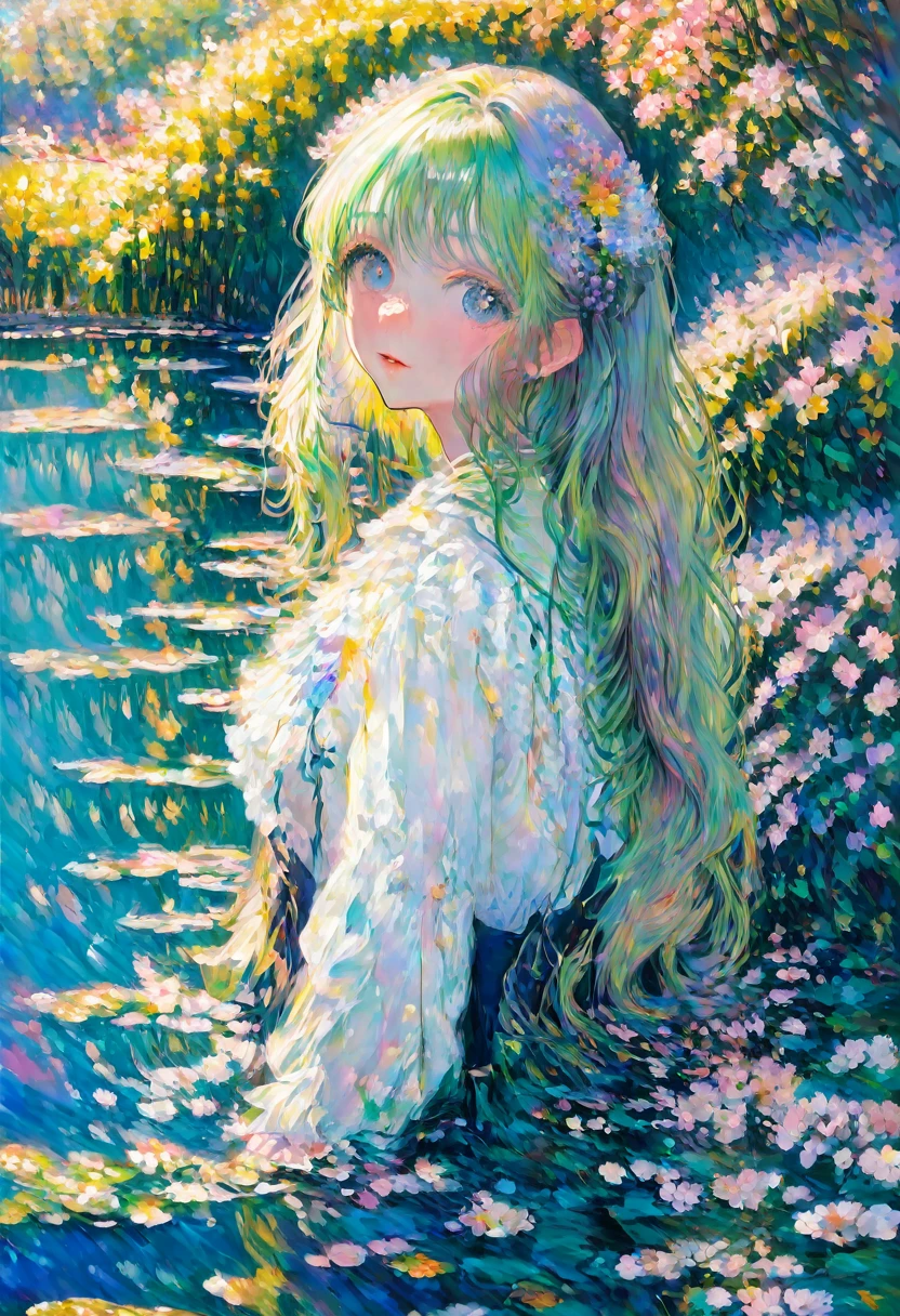 Claude Monet Style, A peaceful garden scene in the style of Claude Monet, with vibrant colors and soft brushstrokes. It features a beautiful girl sitting on a bench surrounded by blooming flowers and lush greenery. Her face, detailed and delicately painted, showcases her serene expression and sparkling eyes. The sunlight filters through the foliage, creating a dappled effect on the ground. The garden is filled with various kinds of flowers, including roses, lilies, and sunflowers, each painted with intricate details that highlight their texture and natural beauty. In the distance, a pond can be seen, reflecting the vibrant colors of the garden and the clear blue sky above. The water lilies on the pond are painted with meticulous attention to detail, capturing their delicate petals and the ripples they create on the water's surface. The overall image is of the highest quality, with ultra-detailed brushwork and sharp focus, providing a masterpiece that truly captures the essence of Claude Monet's signature style.