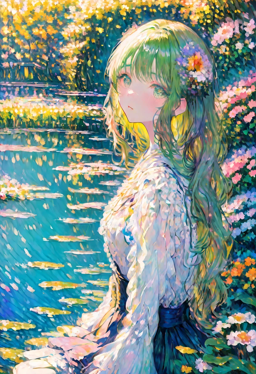 Claude Monet Style, A peaceful garden scene in the style of Claude Monet, with vibrant colors and soft brushstrokes. It features a beautiful girl sitting on a bench surrounded by blooming flowers and lush greenery. Her face, detailed and delicately painted, showcases her serene expression and sparkling eyes. The sunlight filters through the foliage, creating a dappled effect on the ground. The garden is filled with various kinds of flowers, including roses, lilies, and sunflowers, each painted with intricate details that highlight their texture and natural beauty. In the distance, a pond can be seen, reflecting the vibrant colors of the garden and the clear blue sky above. The water lilies on the pond are painted with meticulous attention to detail, capturing their delicate petals and the ripples they create on the water's surface. The overall image is of the highest quality, with ultra-detailed brushwork and sharp focus, providing a masterpiece that truly captures the essence of Claude Monet's signature style.