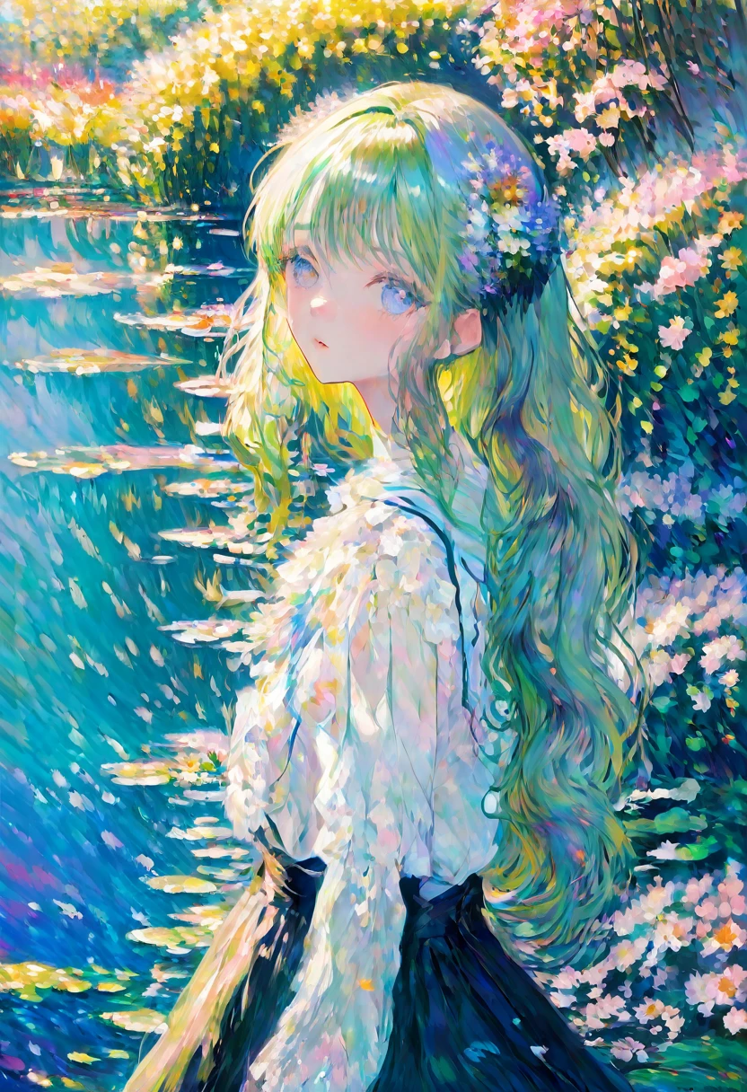 Claude Monet Style, A peaceful garden scene in the style of Claude Monet, with vibrant colors and soft brushstrokes. It features a beautiful girl sitting on a bench surrounded by blooming flowers and lush greenery. Her face, detailed and delicately painted, showcases her serene expression and sparkling eyes. The sunlight filters through the foliage, creating a dappled effect on the ground. The garden is filled with various kinds of flowers, including roses, lilies, and sunflowers, each painted with intricate details that highlight their texture and natural beauty. In the distance, a pond can be seen, reflecting the vibrant colors of the garden and the clear blue sky above. The water lilies on the pond are painted with meticulous attention to detail, capturing their delicate petals and the ripples they create on the water's surface. The overall image is of the highest quality, with ultra-detailed brushwork and sharp focus, providing a masterpiece that truly captures the essence of Claude Monet's signature style.