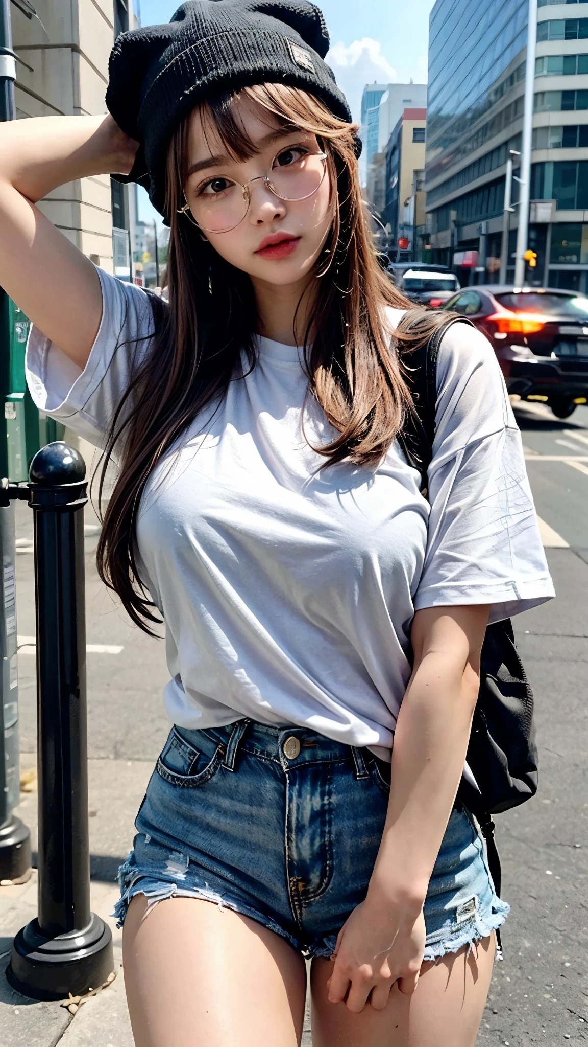NSFW, highest quality: 1.4, high resolution, perfect lighting, solo woman, bangs, big breasts, T-shirt, shorts, glasses, knit cap, knee-high socks, backpack, on the street