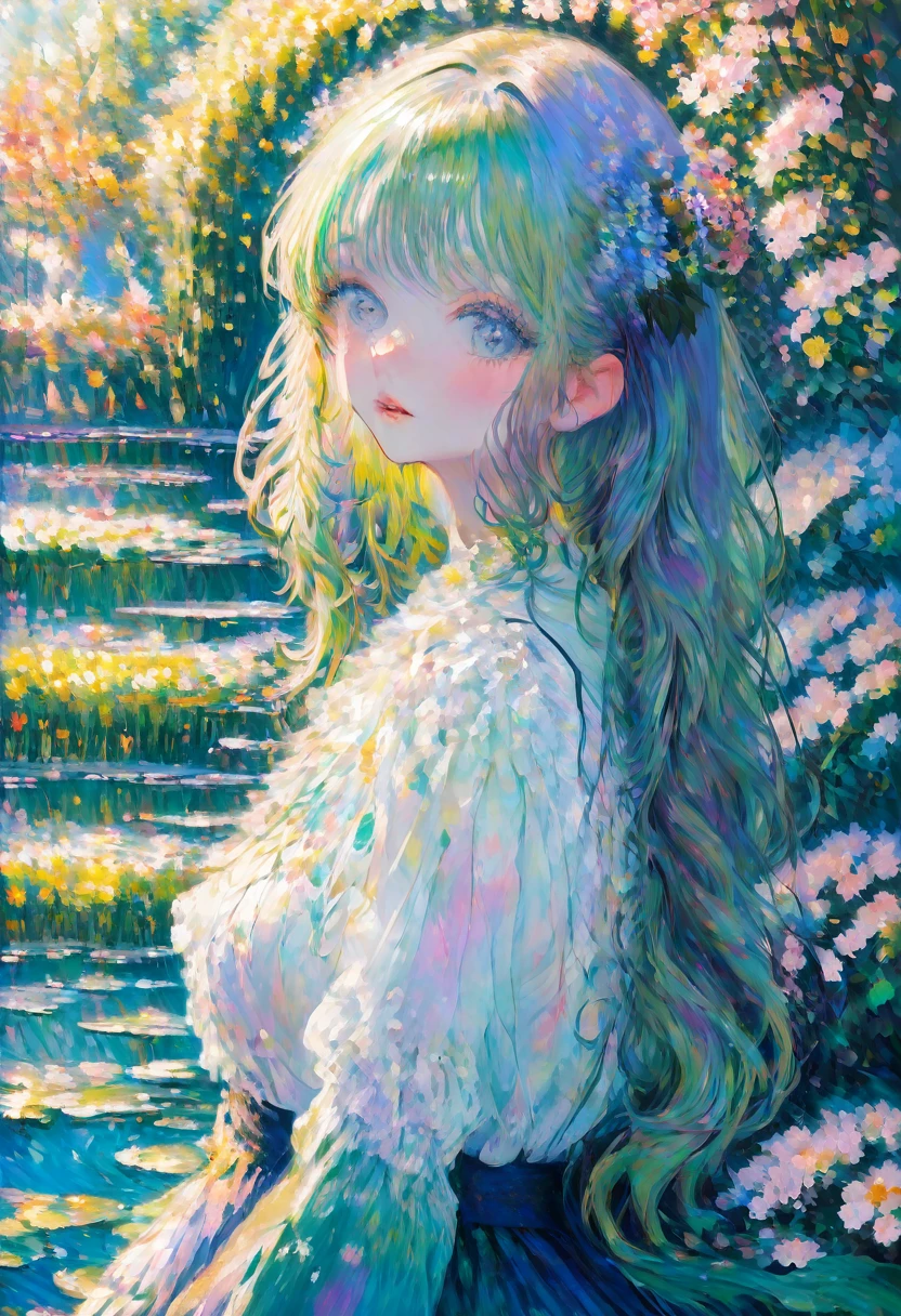 Claude Monet Style, A peaceful garden scene in the style of Claude Monet, with vibrant colors and soft brushstrokes. It features a beautiful girl sitting on a bench surrounded by blooming flowers and lush greenery. Her face, detailed and delicately painted, showcases her serene expression and sparkling eyes. The sunlight filters through the foliage, creating a dappled effect on the ground. The garden is filled with various kinds of flowers, including roses, lilies, and sunflowers, each painted with intricate details that highlight their texture and natural beauty. In the distance, a pond can be seen, reflecting the vibrant colors of the garden and the clear blue sky above. The water lilies on the pond are painted with meticulous attention to detail, capturing their delicate petals and the ripples they create on the water's surface. The overall image is of the highest quality, with ultra-detailed brushwork and sharp focus, providing a masterpiece that truly captures the essence of Claude Monet's signature style.