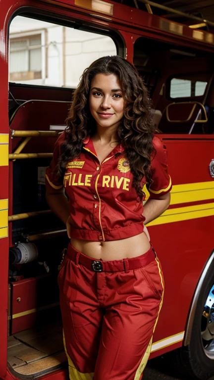 a beautiful woman from Rio, brunette, curly hair, 30 years old, dressed as a firefighter's outfit, in front of a rescue vehicle.